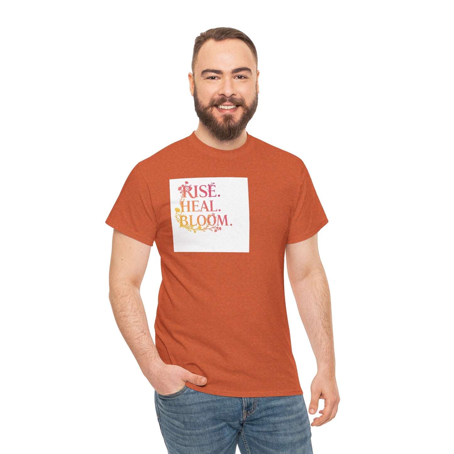 Rise Heal Bloom Unisex Heavy Cotton Tee - Motivational Graphic T-Shirt for Self-Care and Wellness