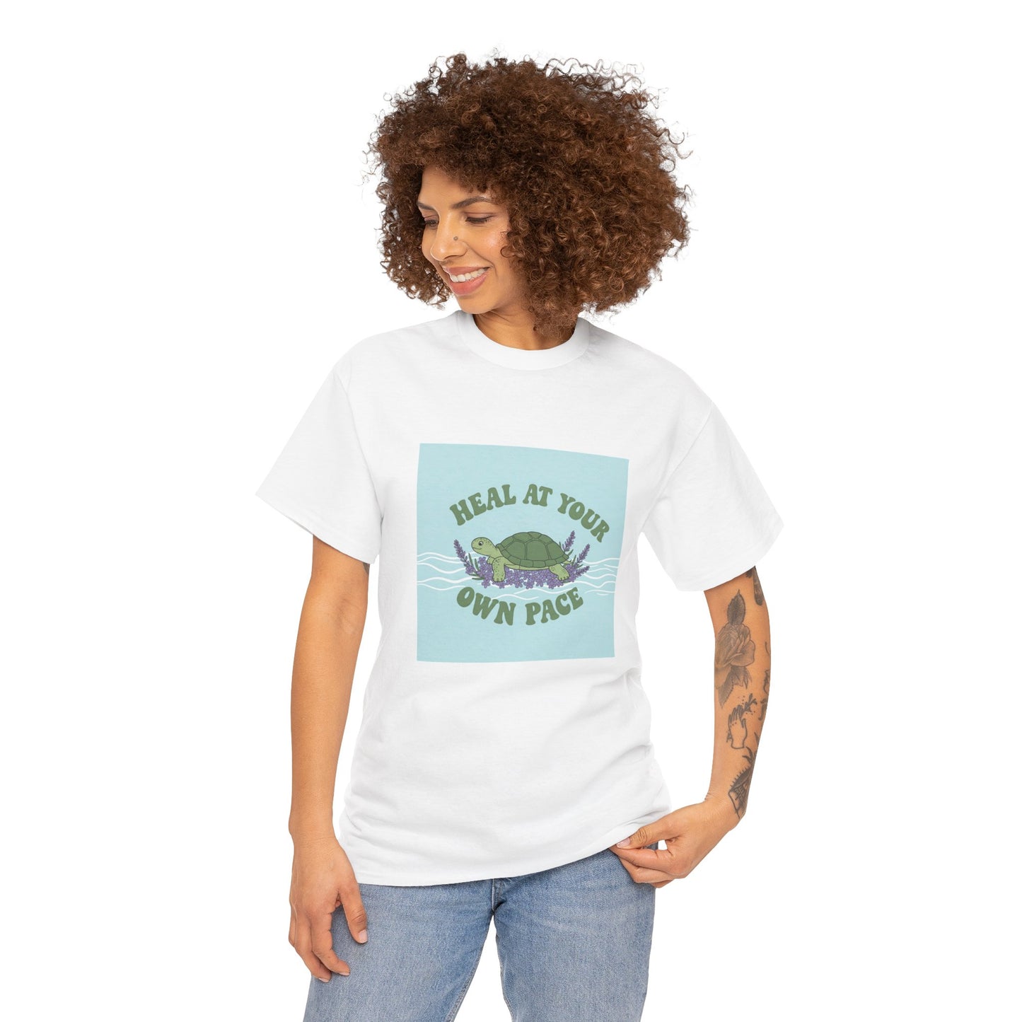 Heal at Your Own Pace Unisex Heavy Cotton Tee - Inspirational Turtle Graphic Tee for Relaxation