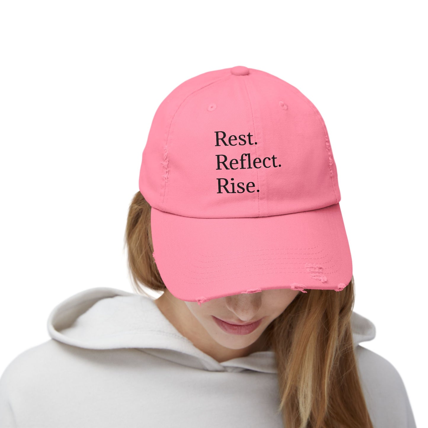 Unisex Distressed Cap - Rest. Reflect. Rise. Inspirational Hat for Mindfulness and Self-Care