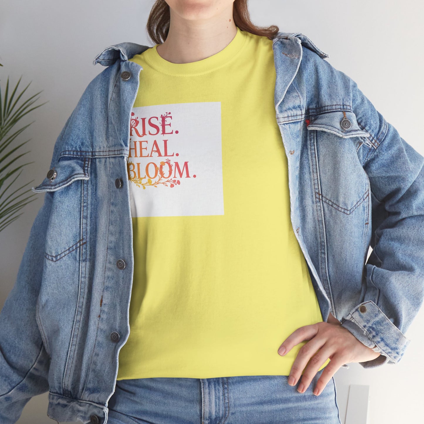 Rise Heal Bloom Unisex Heavy Cotton Tee - Motivational Graphic T-Shirt for Self-Care and Wellness