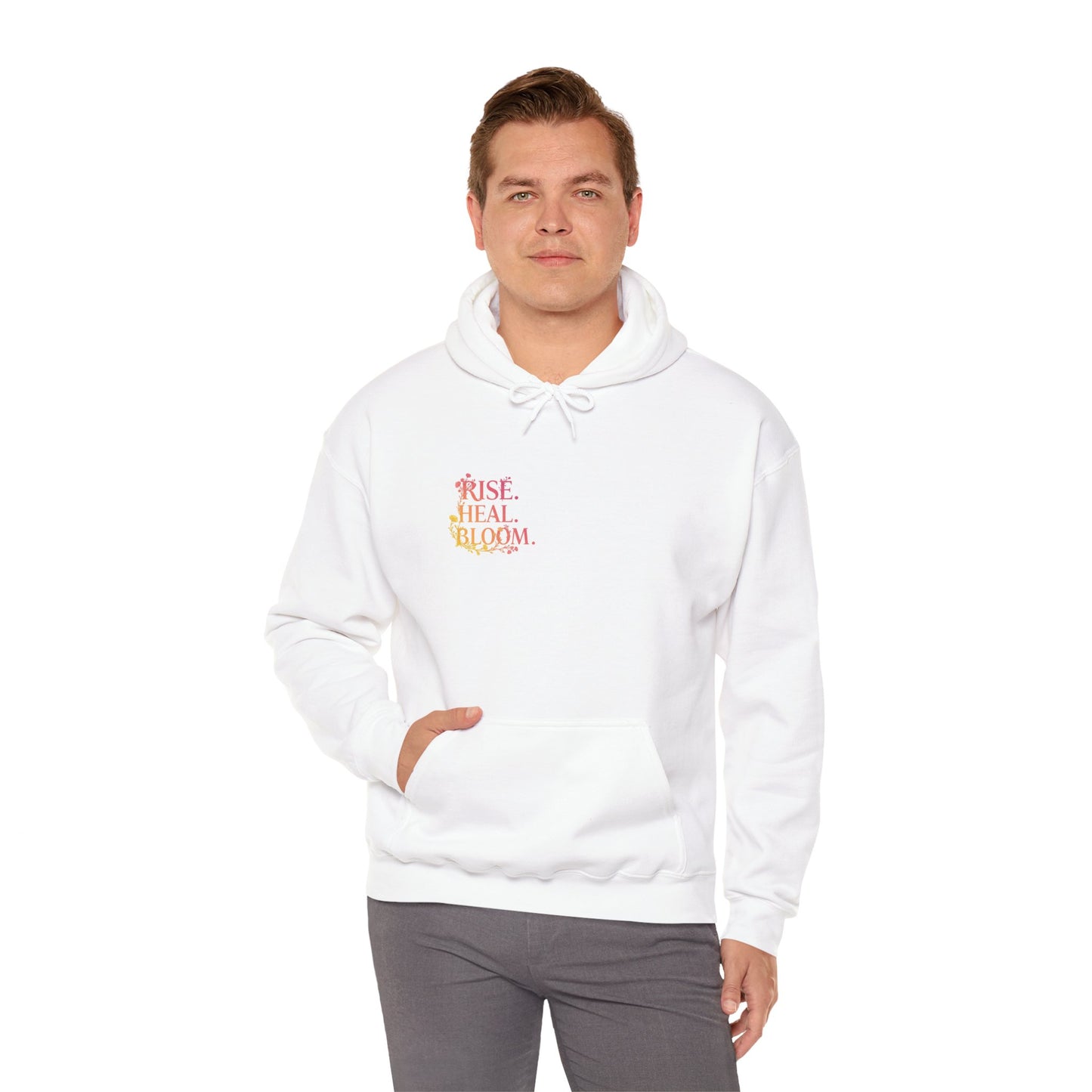 Rise Heal Bloom Unisex Heavy Blend Hoodie - Inspirational Sweatshirt for Self-Care and Wellness