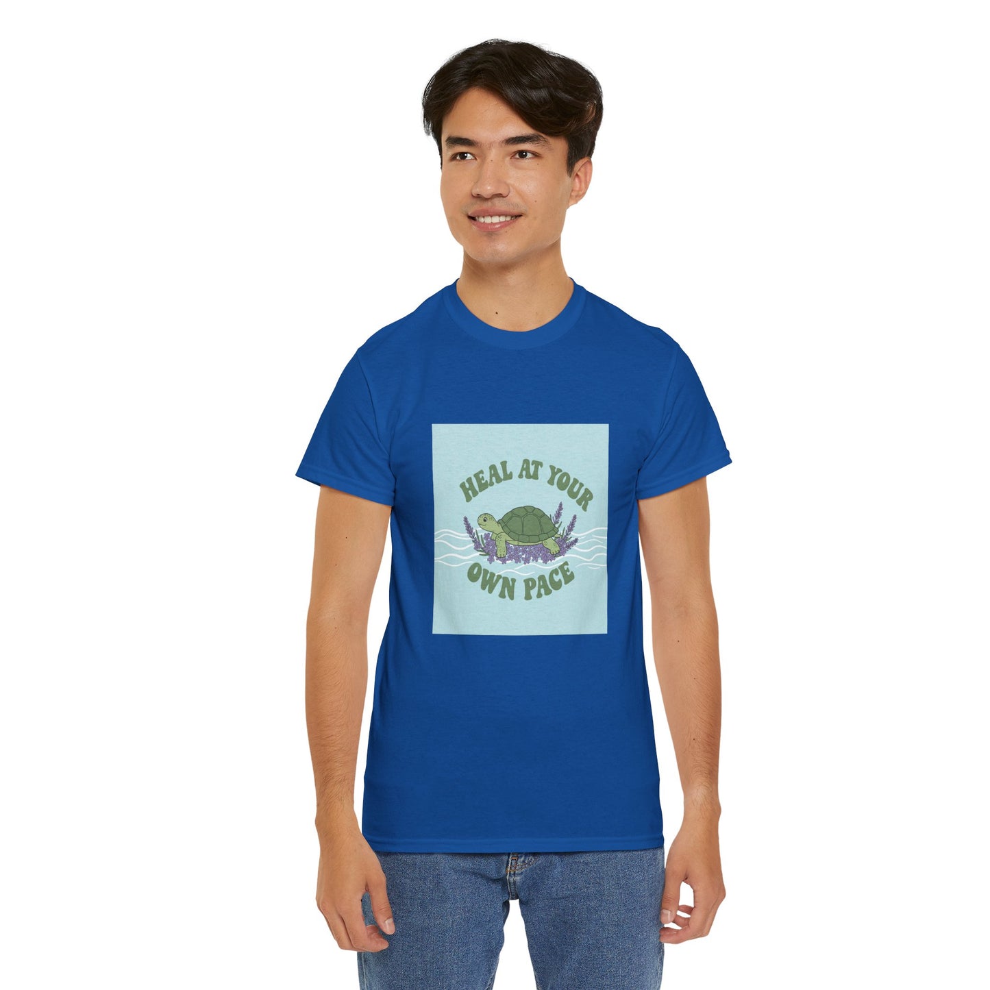 Heal at Your Own Pace Unisex Heavy Cotton Tee - Inspirational Turtle Graphic Tee for Relaxation