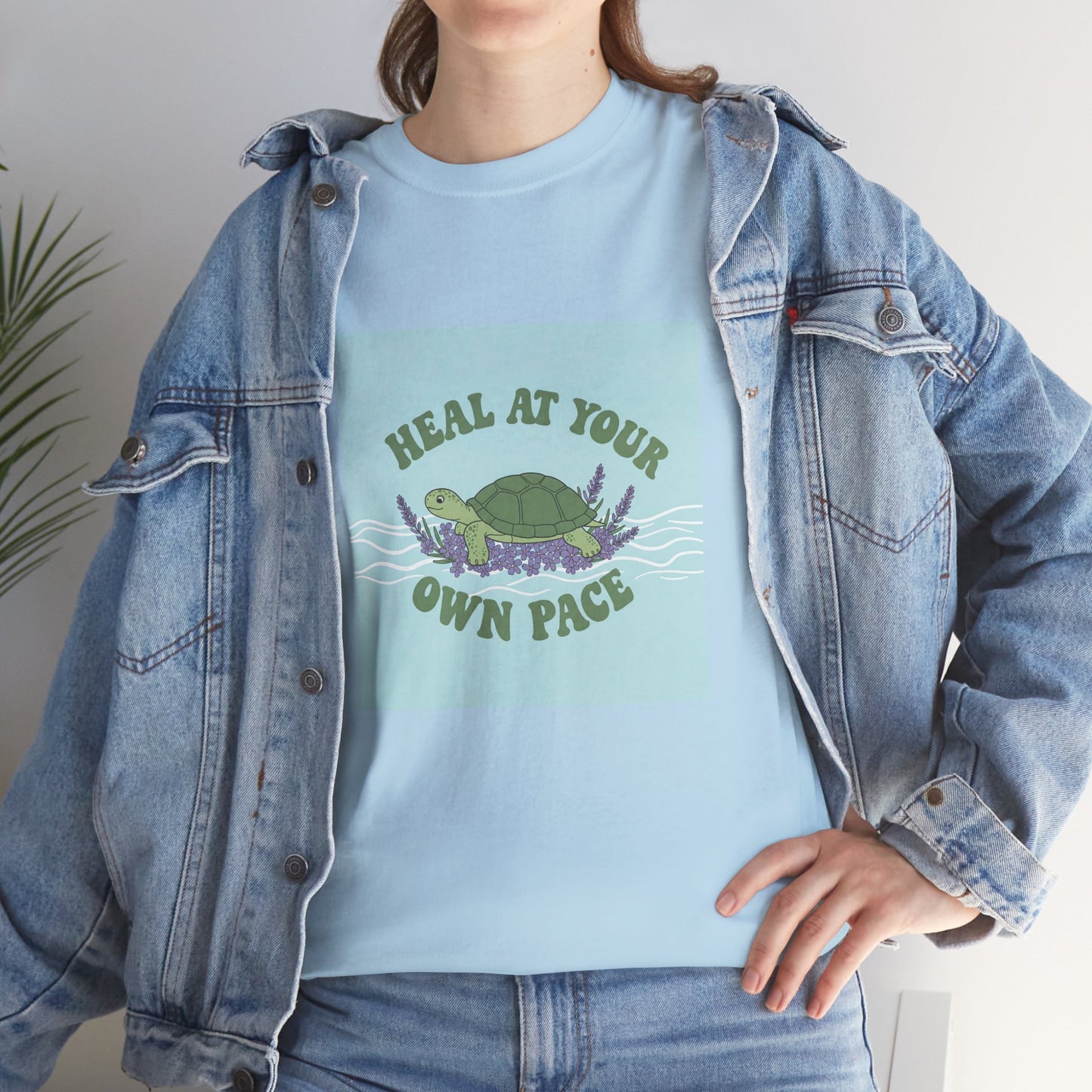 Heal at Your Own Pace Unisex Heavy Cotton Tee - Inspirational Turtle Graphic Tee for Relaxation