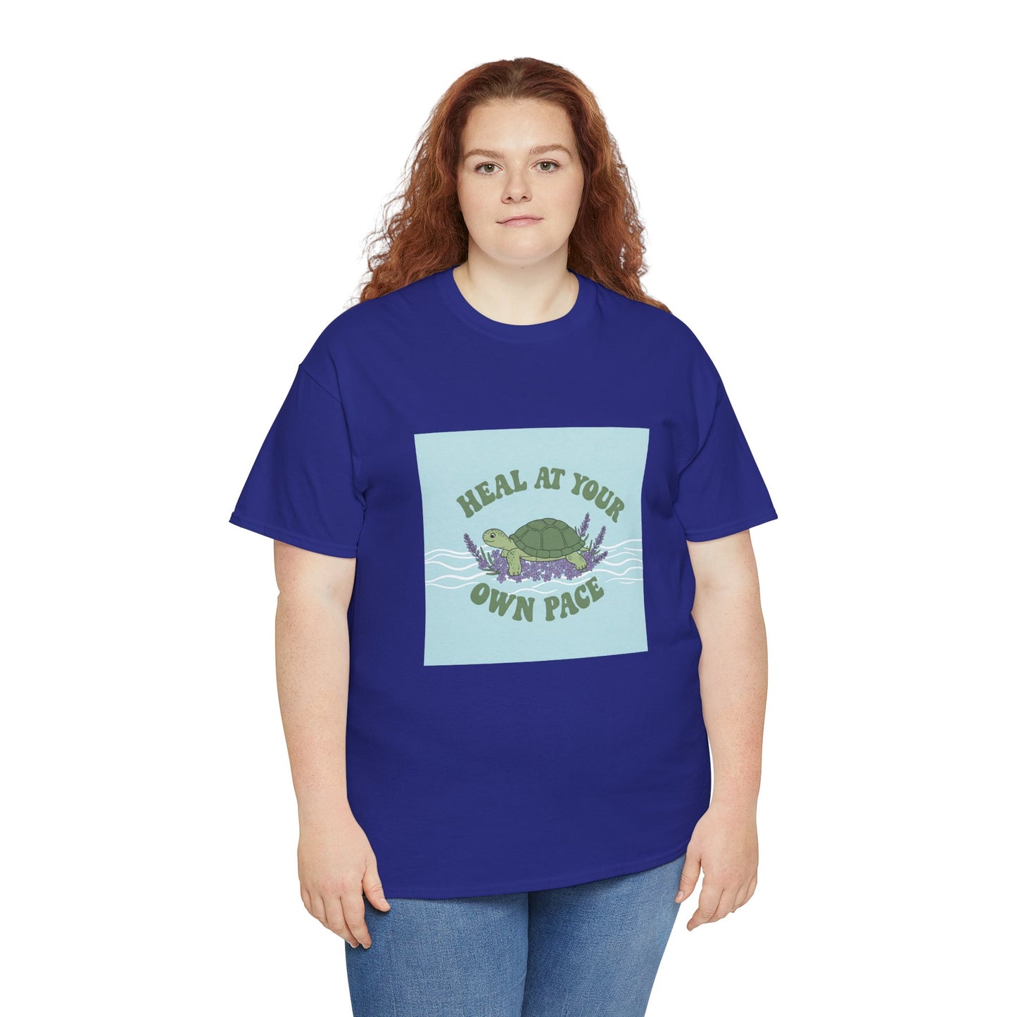 Heal at Your Own Pace Unisex Heavy Cotton Tee - Inspirational Turtle Graphic Tee for Relaxation