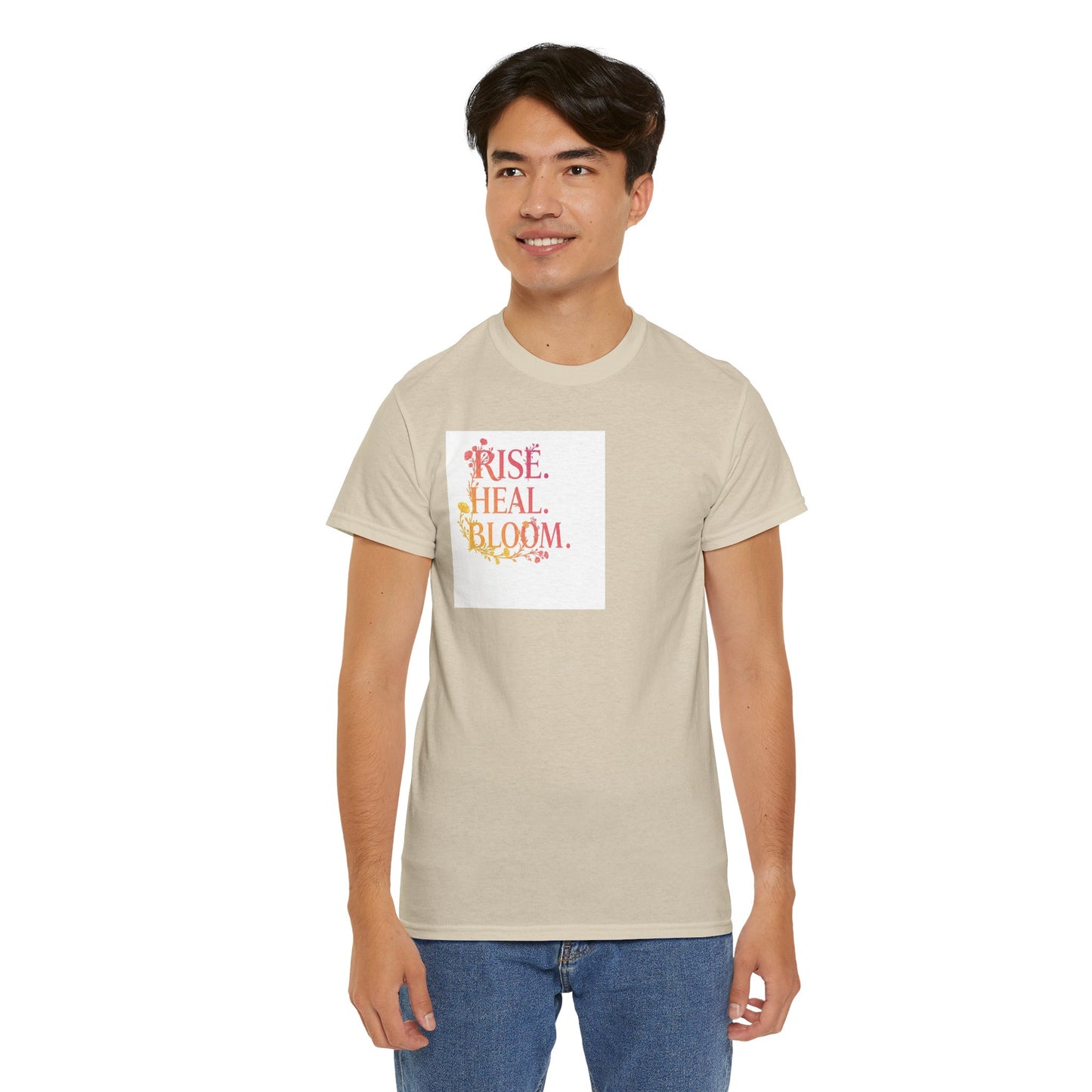 Rise Heal Bloom Unisex Heavy Cotton Tee - Motivational Graphic T-Shirt for Self-Care and Wellness