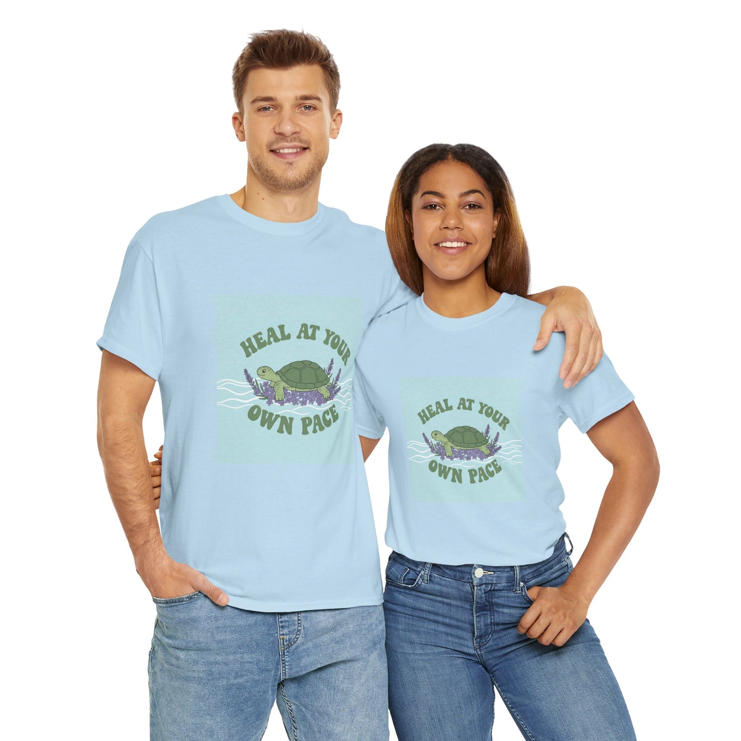 Heal at Your Own Pace Unisex Heavy Cotton Tee - Inspirational Turtle Graphic Tee for Relaxation