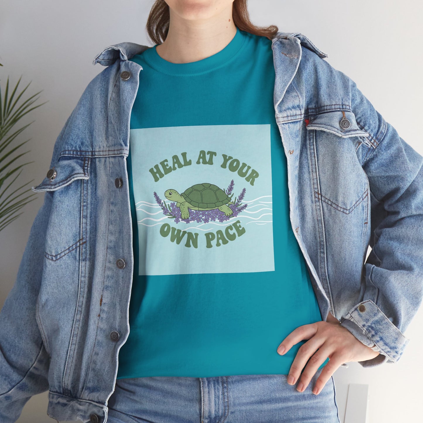 Heal at Your Own Pace Unisex Heavy Cotton Tee - Inspirational Turtle Graphic Tee for Relaxation