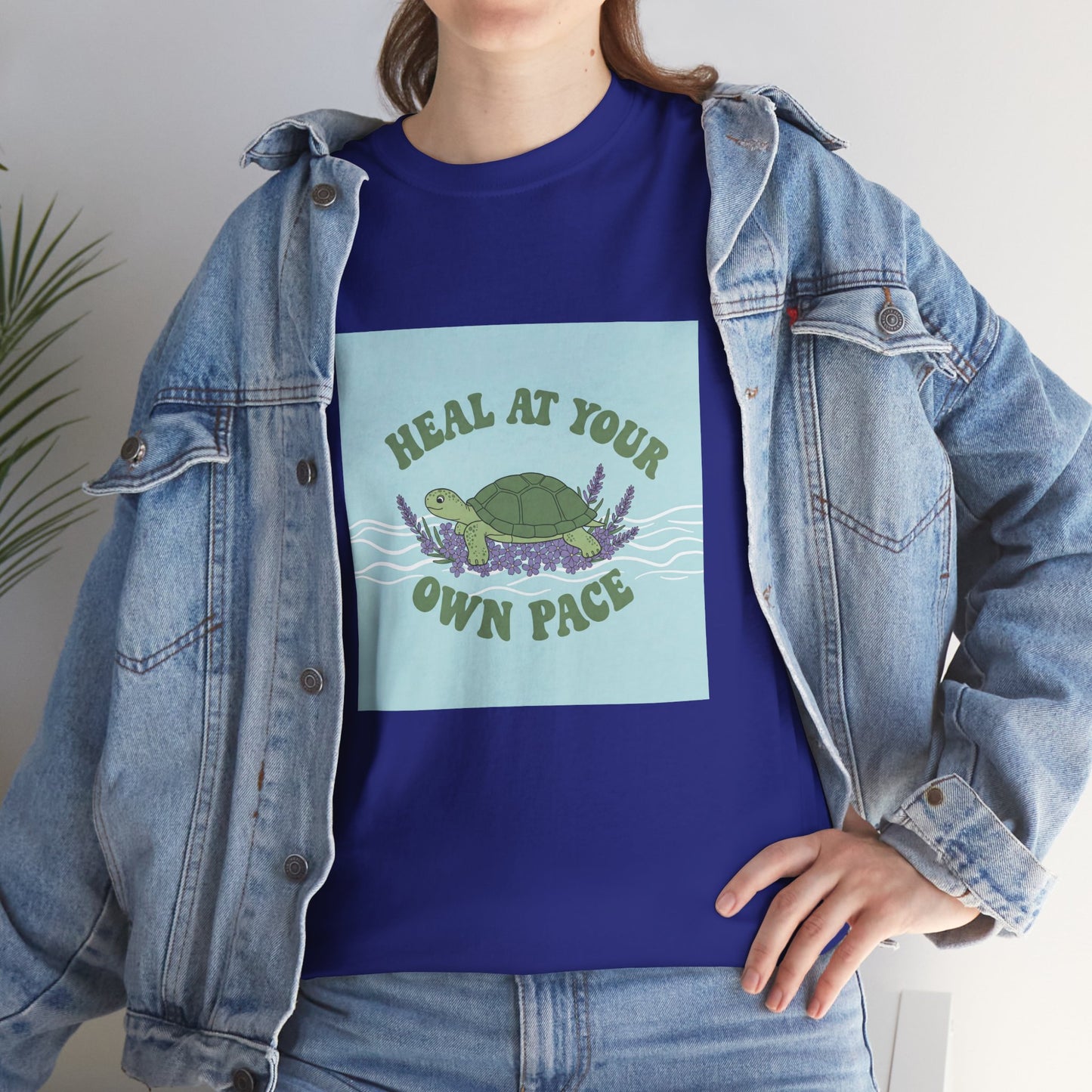 Heal at Your Own Pace Unisex Heavy Cotton Tee - Inspirational Turtle Graphic Tee for Relaxation