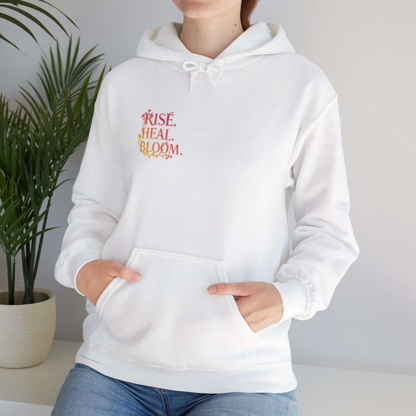 Rise Heal Bloom Unisex Heavy Blend Hoodie - Inspirational Sweatshirt for Self-Care and Wellness