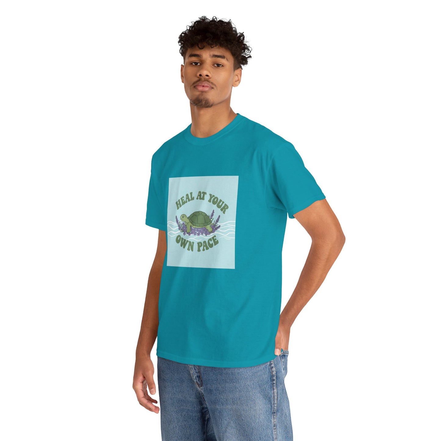 Heal at Your Own Pace Unisex Heavy Cotton Tee - Inspirational Turtle Graphic Tee for Relaxation