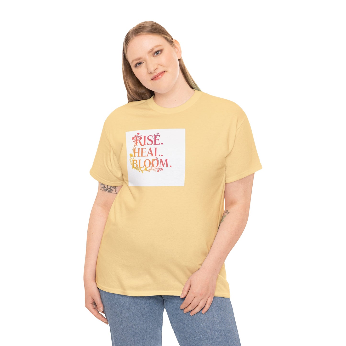 Rise Heal Bloom Unisex Heavy Cotton Tee - Motivational Graphic T-Shirt for Self-Care and Wellness