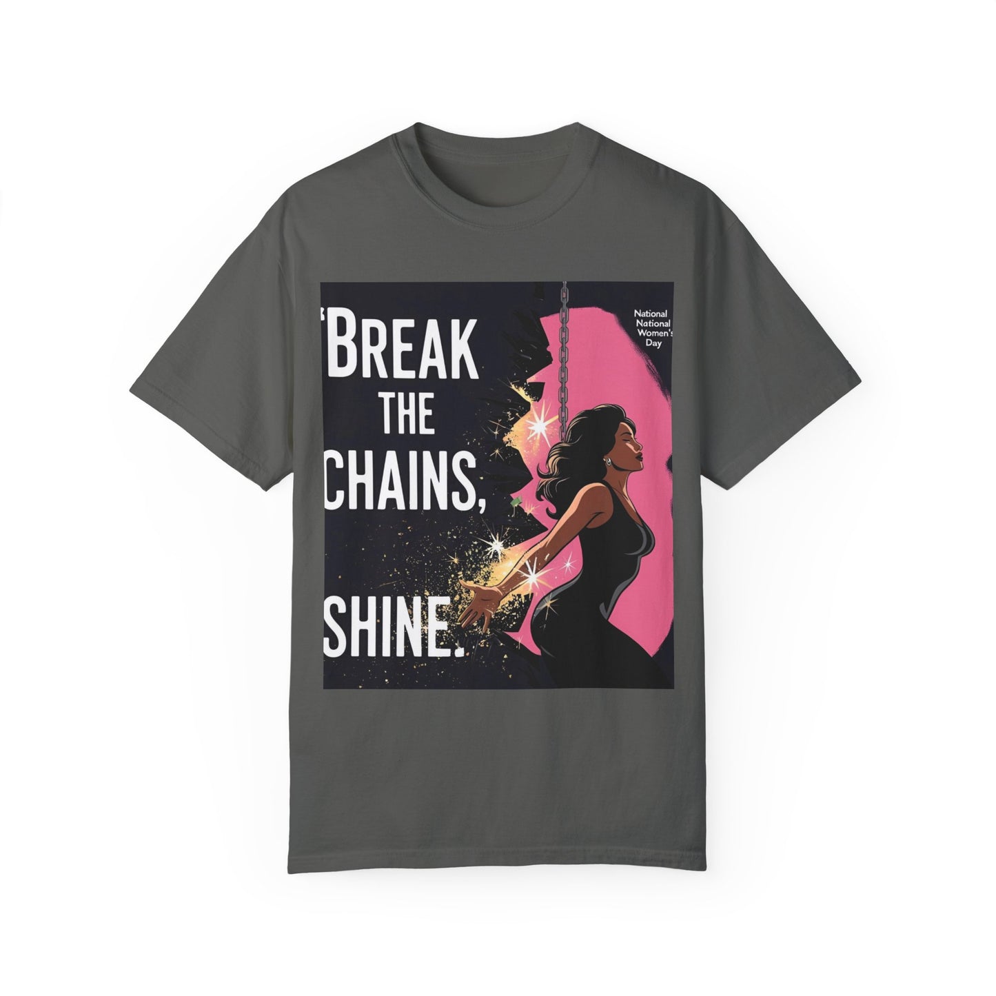 Bemagtigings-T-hemp: "Break the Chains, Shine" - Unisex-kledingkleurige tee vir Nasionale Vryheidsdag