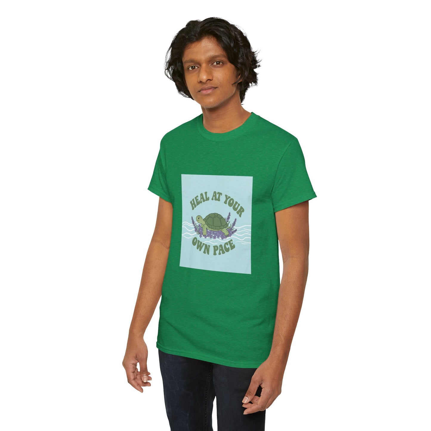 Heal at Your Own Pace Unisex Heavy Cotton Tee - Inspirational Turtle Graphic Tee for Relaxation