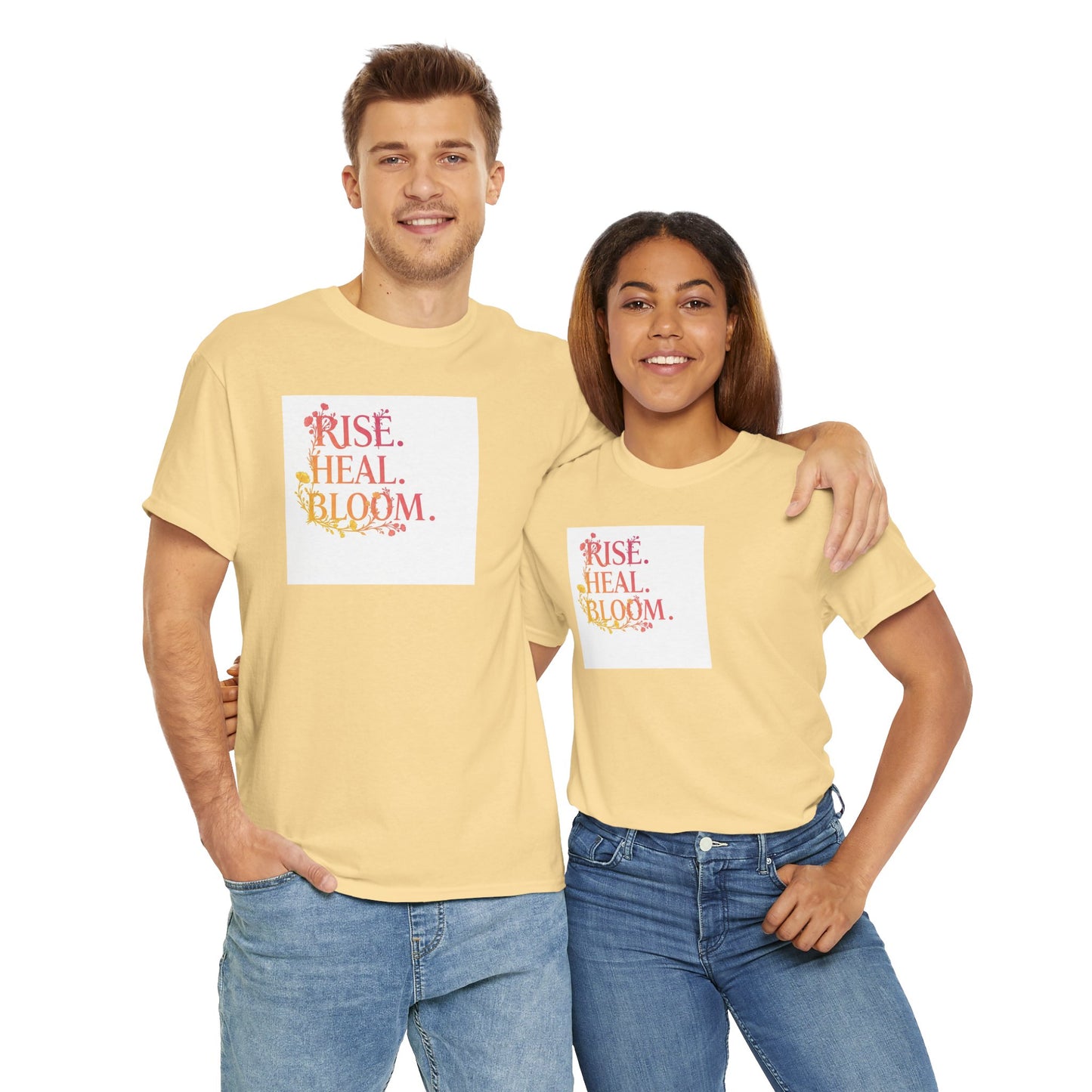 Rise Heal Bloom Unisex Heavy Cotton Tee - Motivational Graphic T-Shirt for Self-Care and Wellness