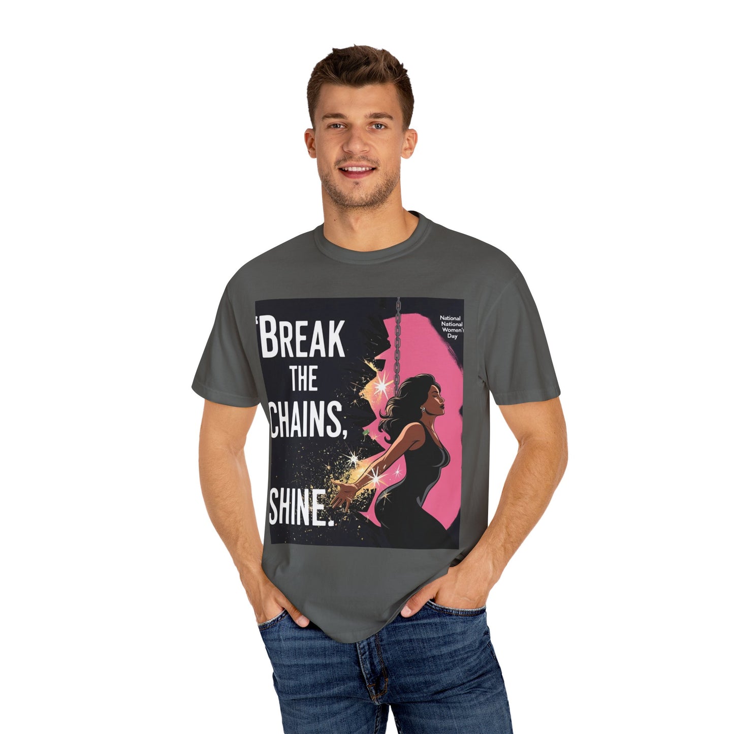 Bemagtigings-T-hemp: "Break the Chains, Shine" - Unisex-kledingkleurige tee vir Nasionale Vryheidsdag