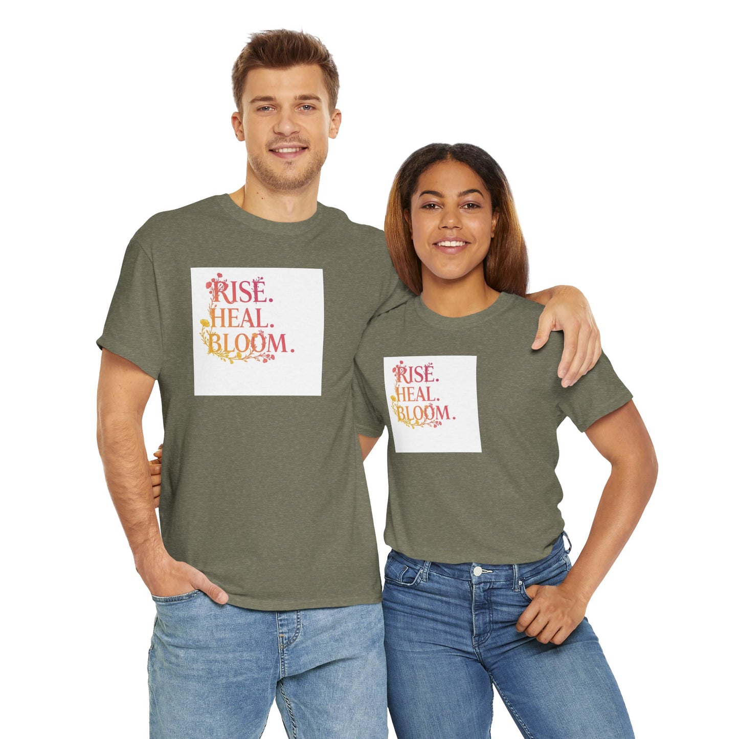 Rise Heal Bloom Unisex Heavy Cotton Tee - Motivational Graphic T-Shirt for Self-Care and Wellness