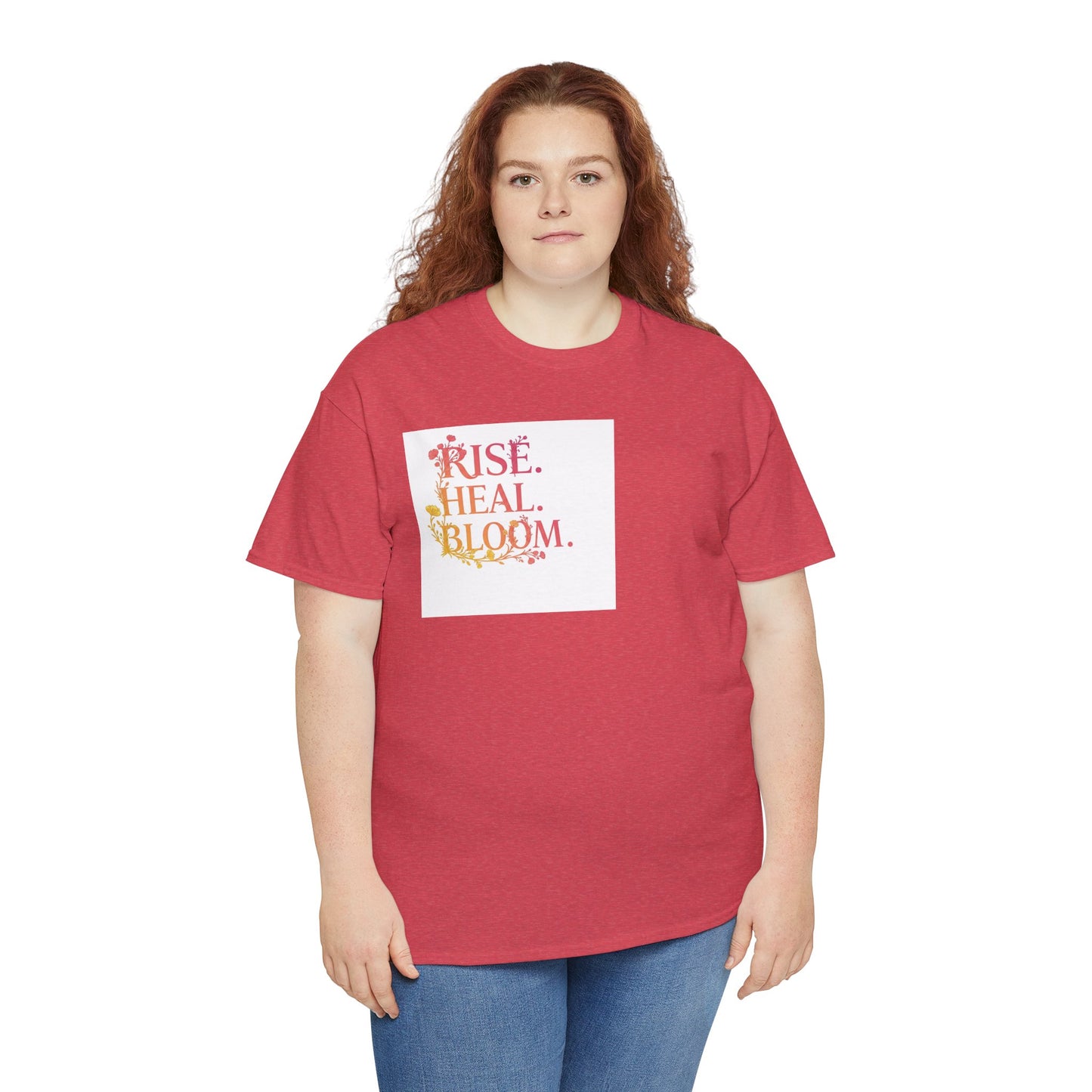 Rise Heal Bloom Unisex Heavy Cotton Tee - Motivational Graphic T-Shirt for Self-Care and Wellness