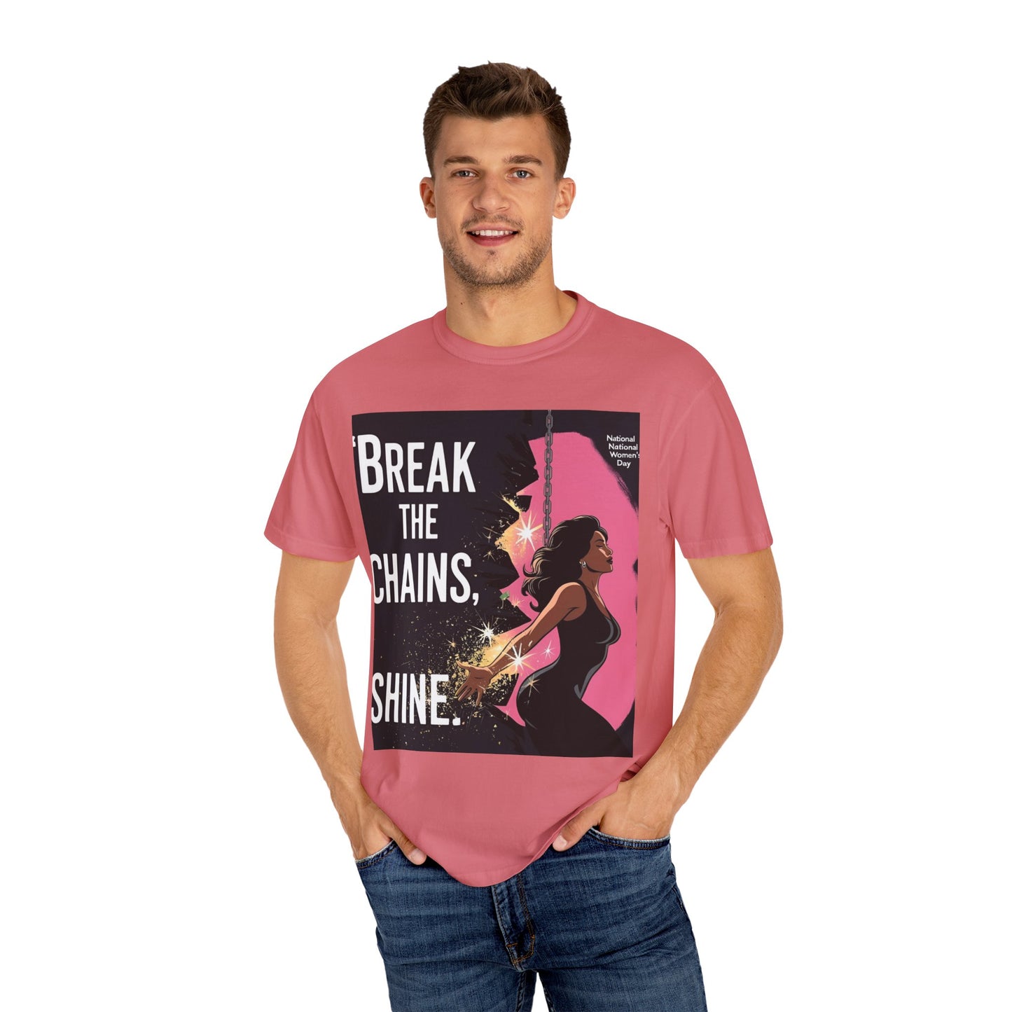 Bemagtigings-T-hemp: "Break the Chains, Shine" - Unisex-kledingkleurige tee vir Nasionale Vryheidsdag