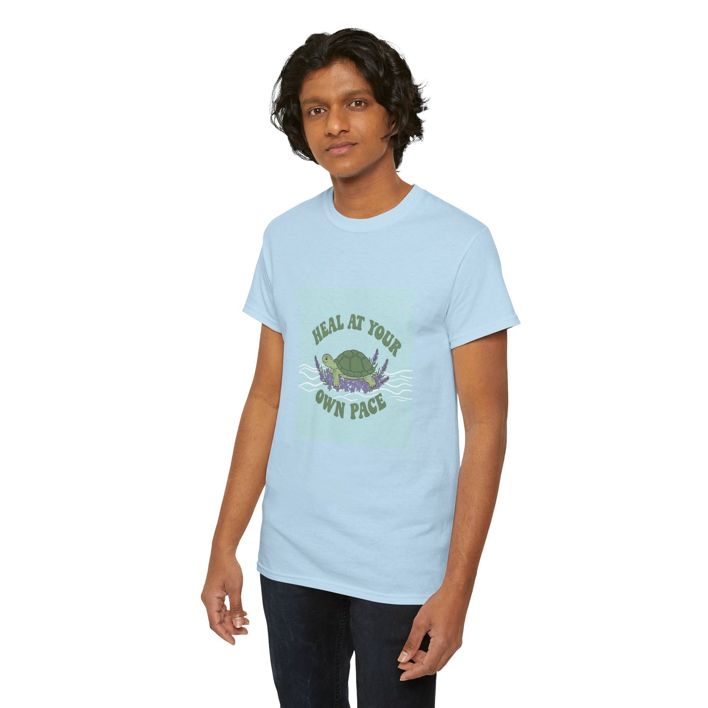 Heal at Your Own Pace Unisex Heavy Cotton Tee - Inspirational Turtle Graphic Tee for Relaxation