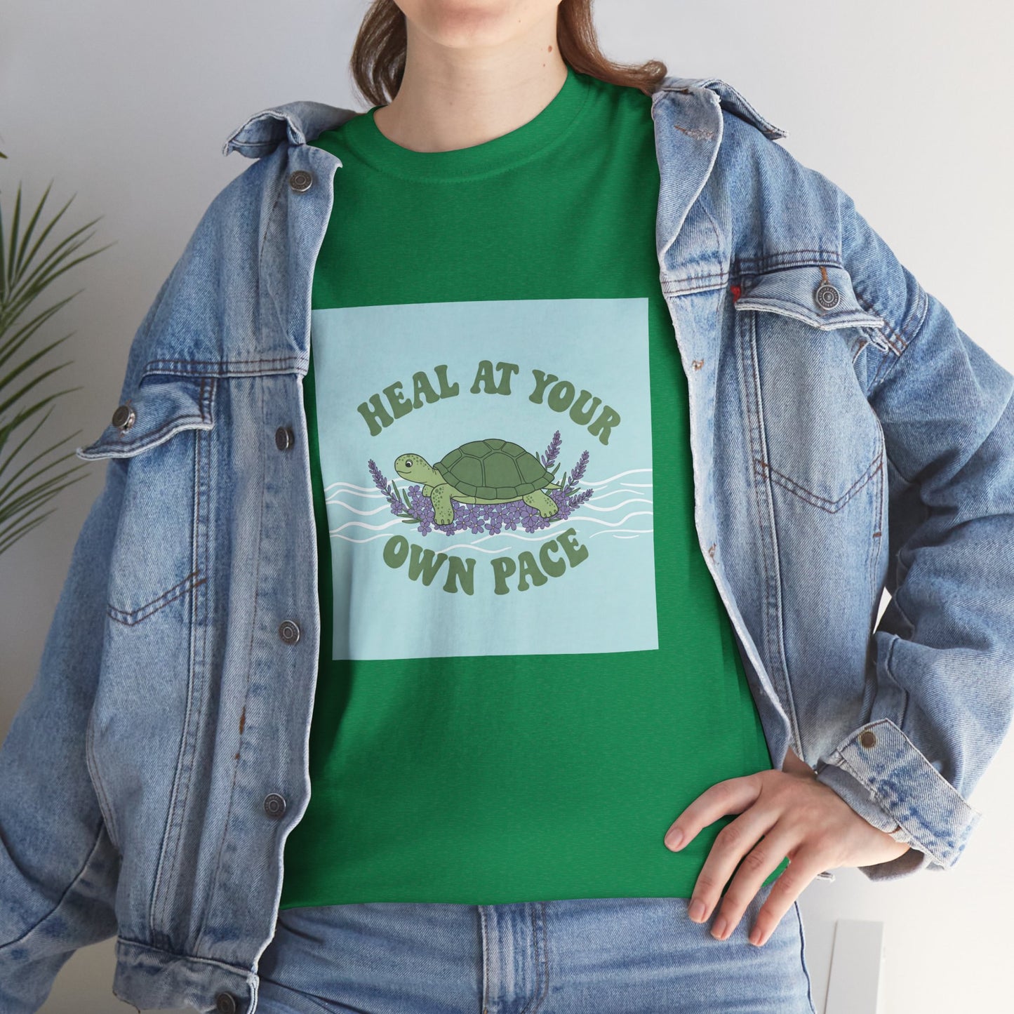 Heal at Your Own Pace Unisex Heavy Cotton Tee - Inspirational Turtle Graphic Tee for Relaxation