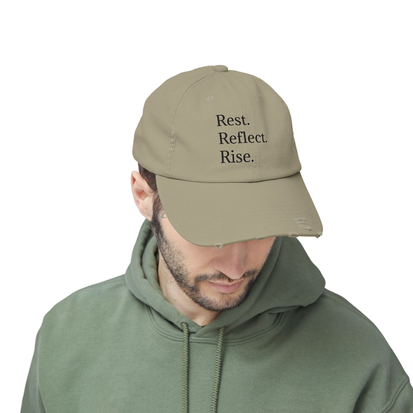 Unisex Distressed Cap - Rest. Reflect. Rise. Inspirational Hat for Mindfulness and Self-Care