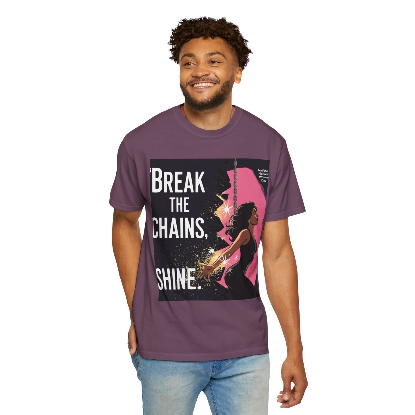 Bemagtigings-T-hemp: "Break the Chains, Shine" - Unisex-kledingkleurige tee vir Nasionale Vryheidsdag