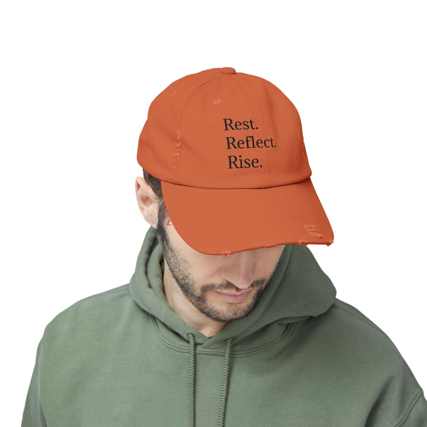 Unisex Distressed Cap - Rest. Reflect. Rise. Inspirational Hat for Mindfulness and Self-Care