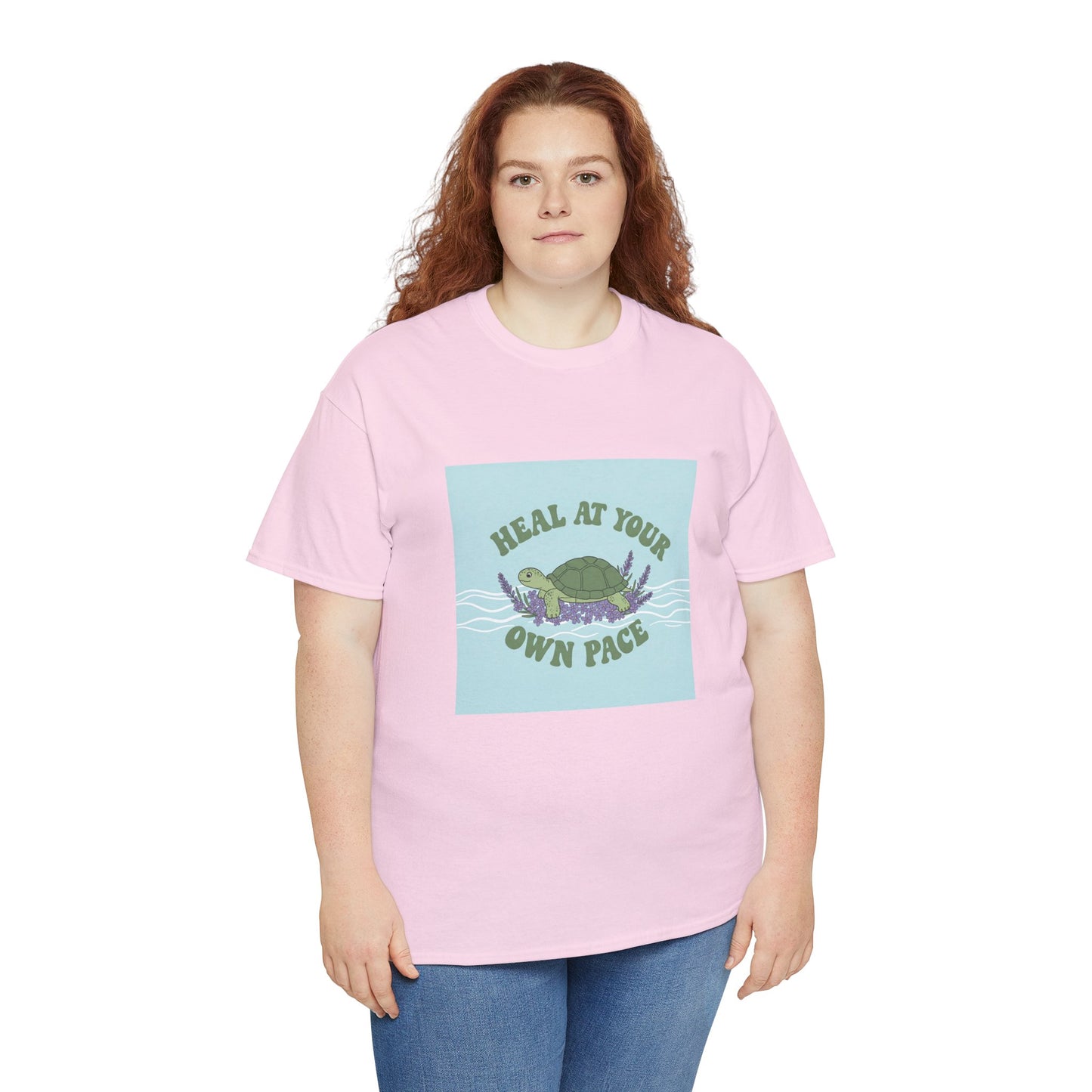 Heal at Your Own Pace Unisex Heavy Cotton Tee - Inspirational Turtle Graphic Tee for Relaxation