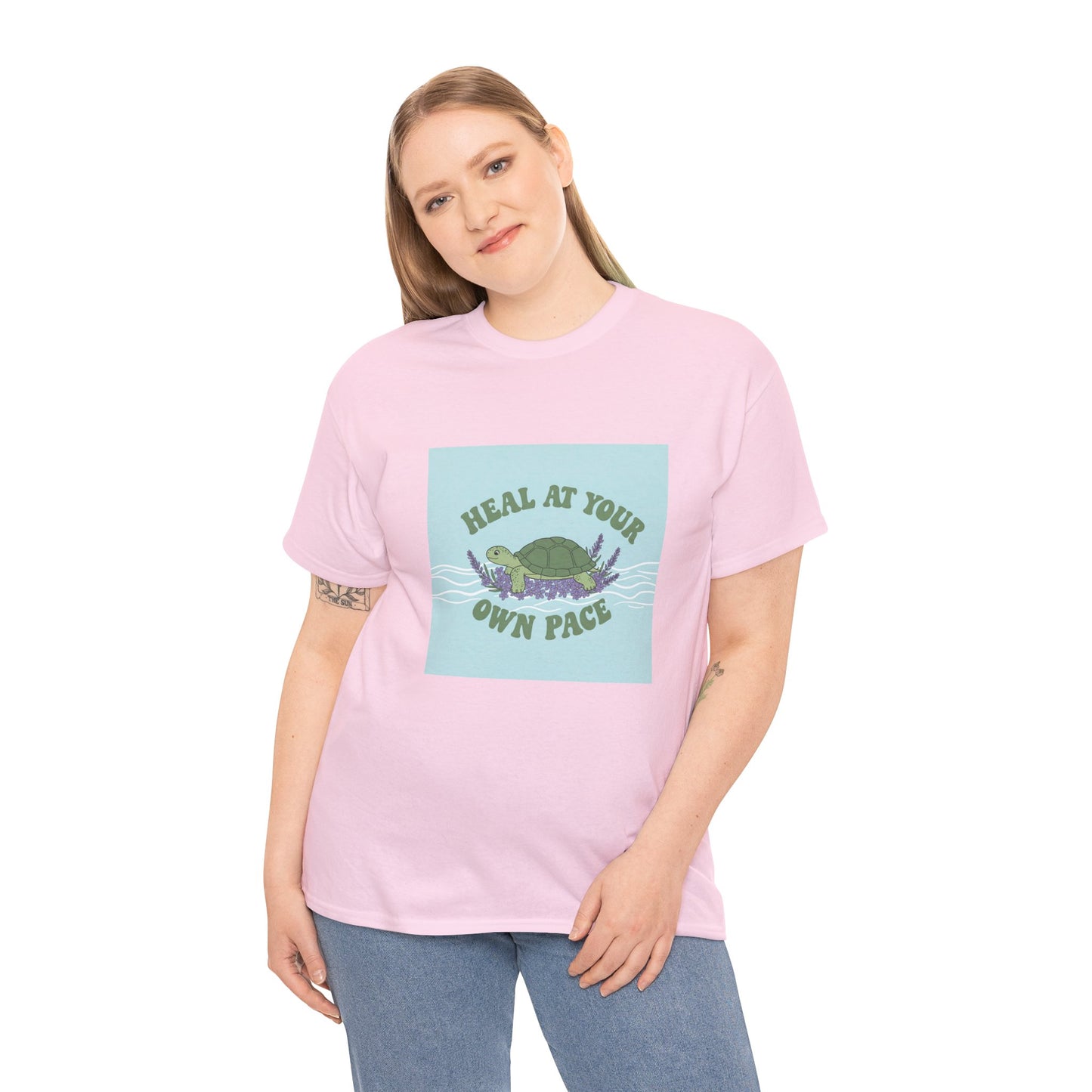 Heal at Your Own Pace Unisex Heavy Cotton Tee - Inspirational Turtle Graphic Tee for Relaxation