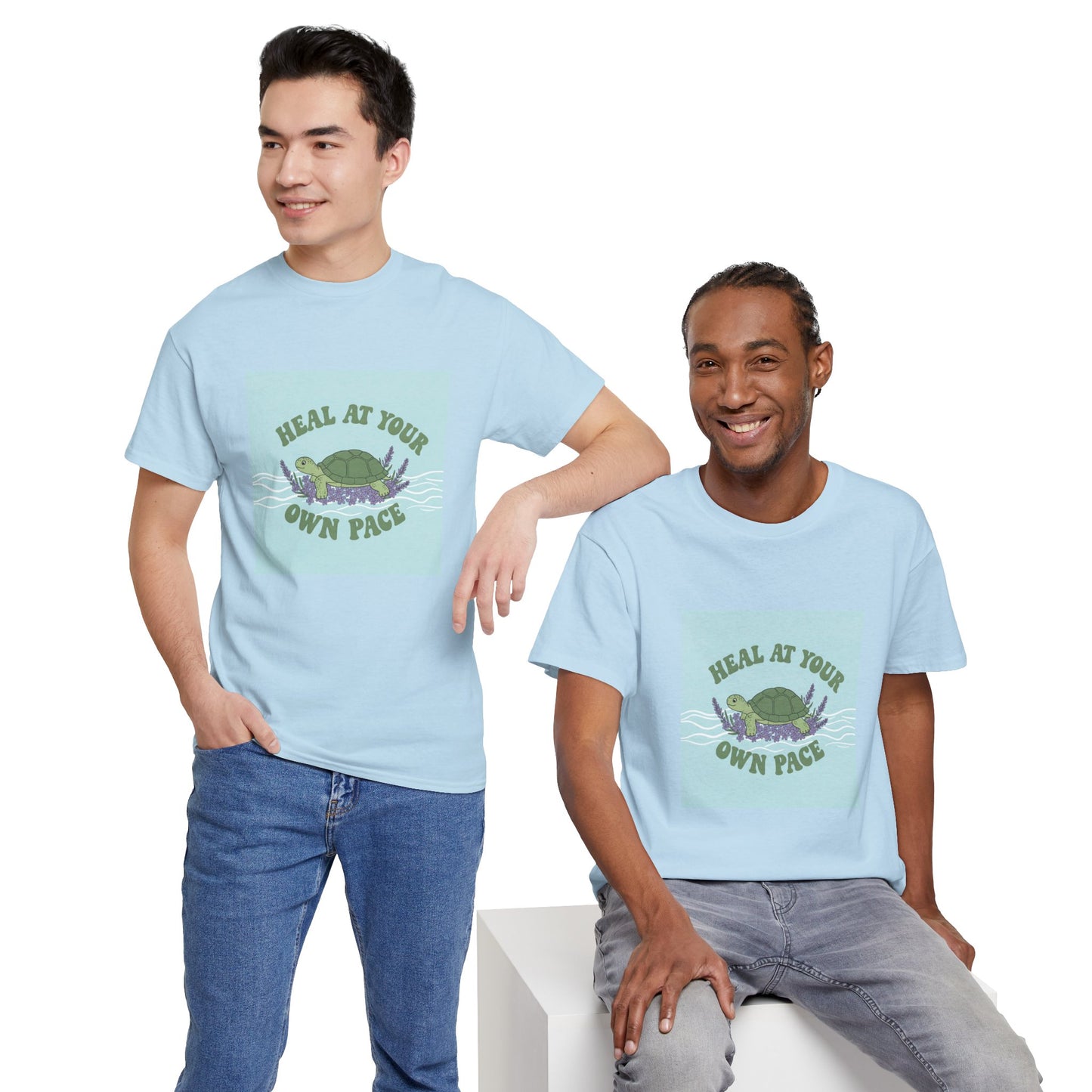 Heal at Your Own Pace Unisex Heavy Cotton Tee - Inspirational Turtle Graphic Tee for Relaxation