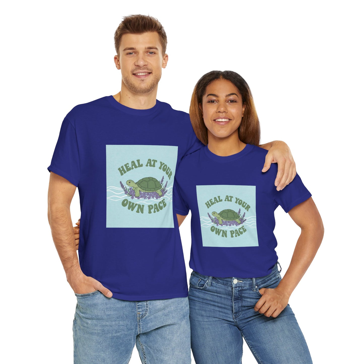 Heal at Your Own Pace Unisex Heavy Cotton Tee - Inspirational Turtle Graphic Tee for Relaxation