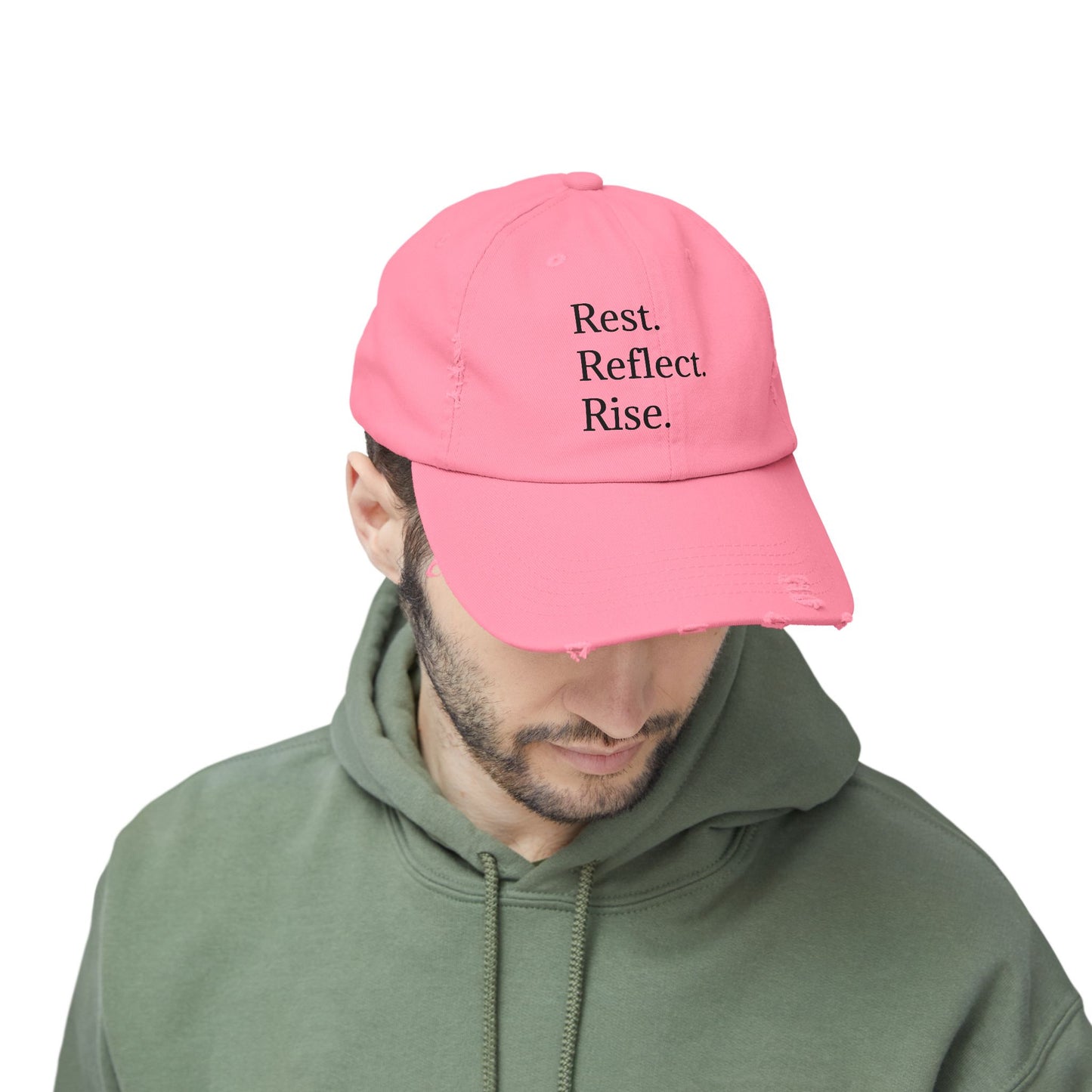 Unisex Distressed Cap - Rest. Reflect. Rise. Inspirational Hat for Mindfulness and Self-Care