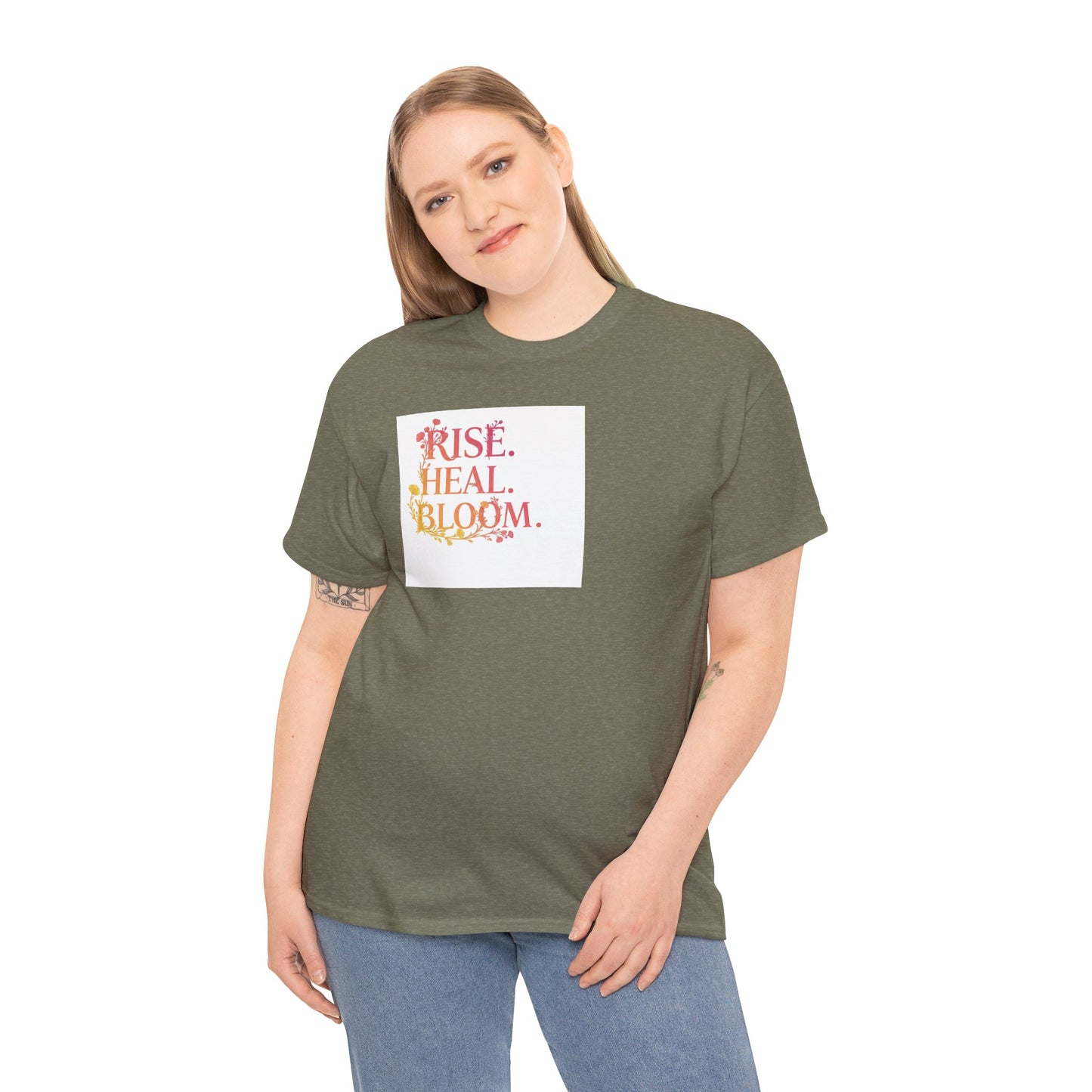 Rise Heal Bloom Unisex Heavy Cotton Tee - Motivational Graphic T-Shirt for Self-Care and Wellness