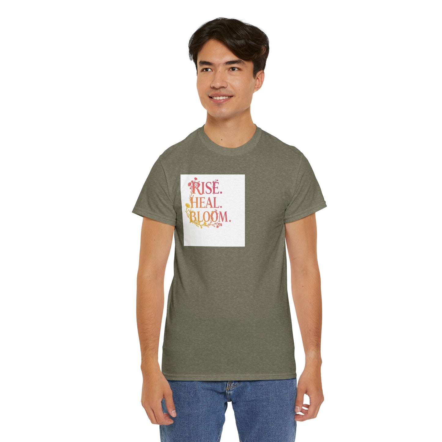 Rise Heal Bloom Unisex Heavy Cotton Tee - Motivational Graphic T-Shirt for Self-Care and Wellness