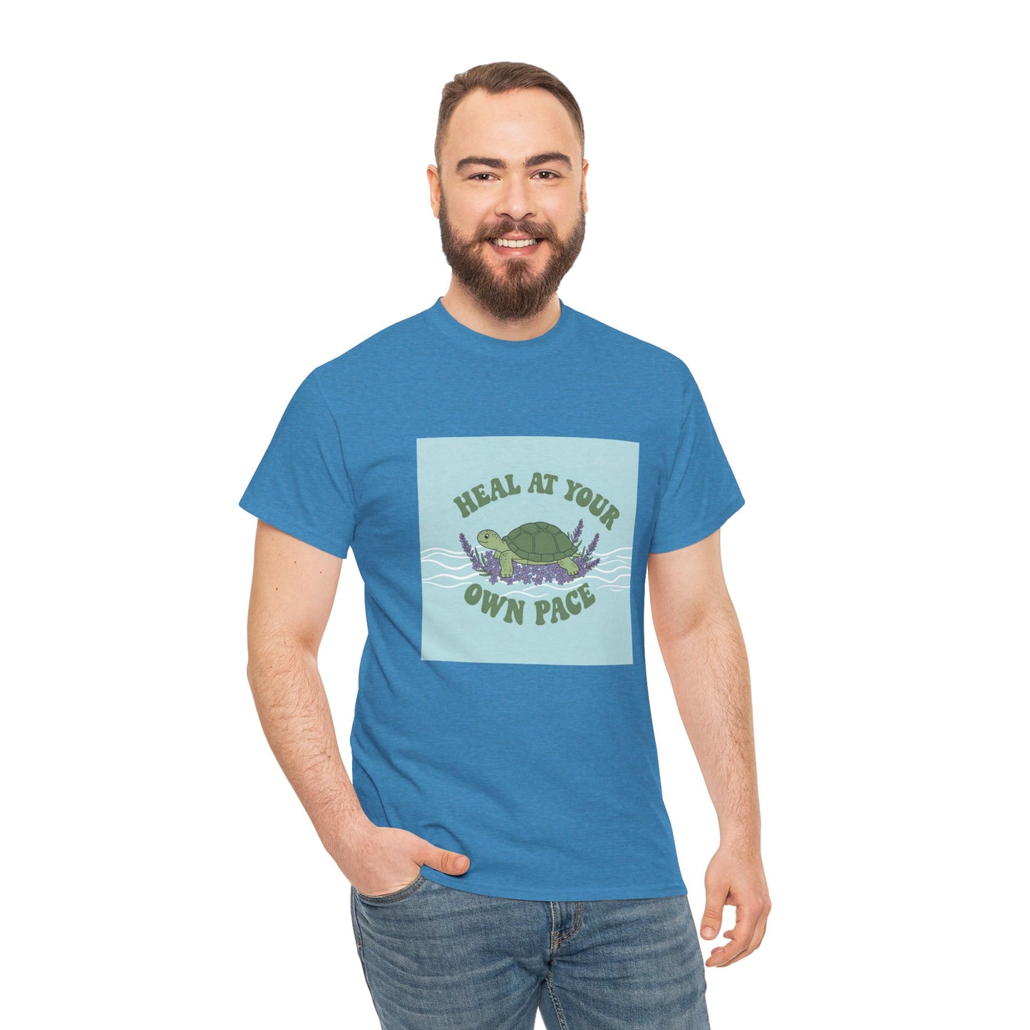 Heal at Your Own Pace Unisex Heavy Cotton Tee - Inspirational Turtle Graphic Tee for Relaxation