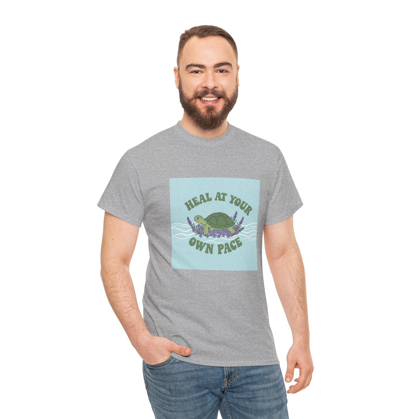 Heal at Your Own Pace Unisex Heavy Cotton Tee - Inspirational Turtle Graphic Tee for Relaxation