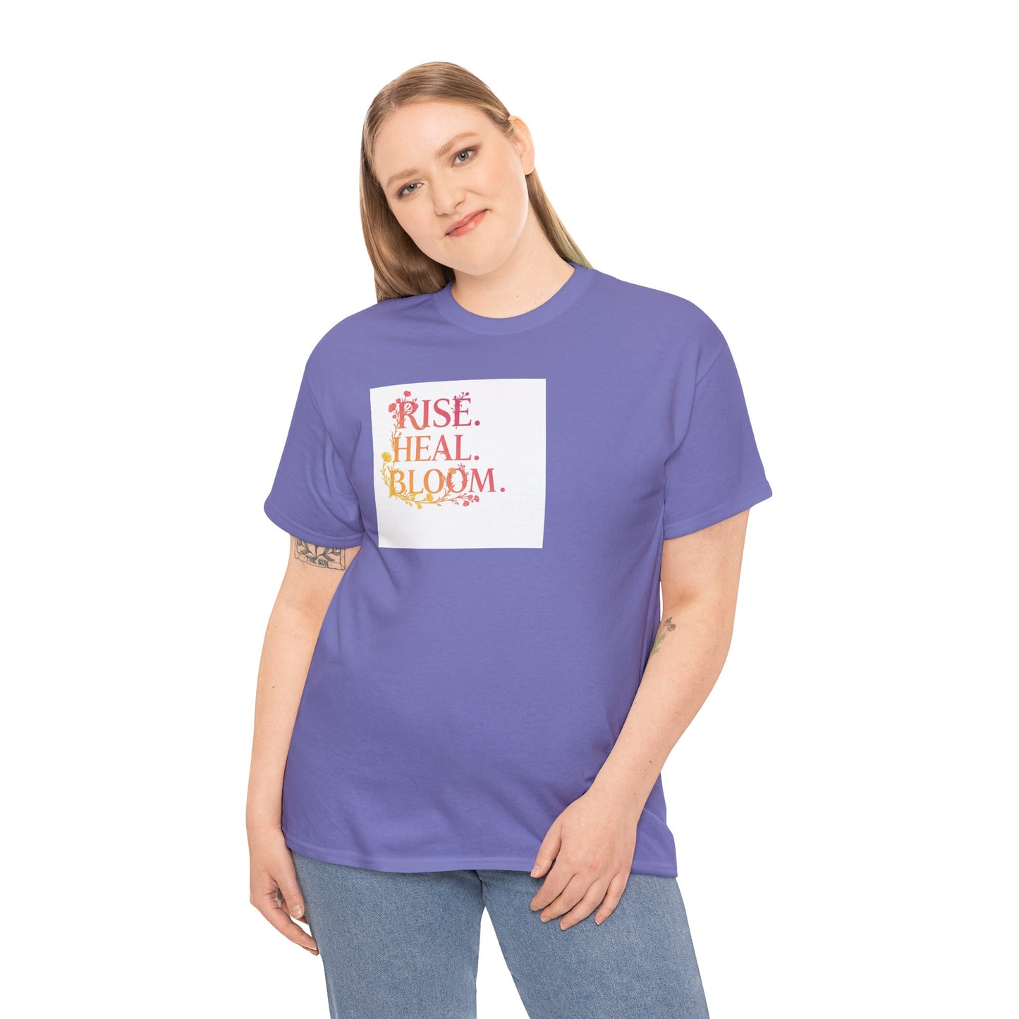 Rise Heal Bloom Unisex Heavy Cotton Tee - Motivational Graphic T-Shirt for Self-Care and Wellness