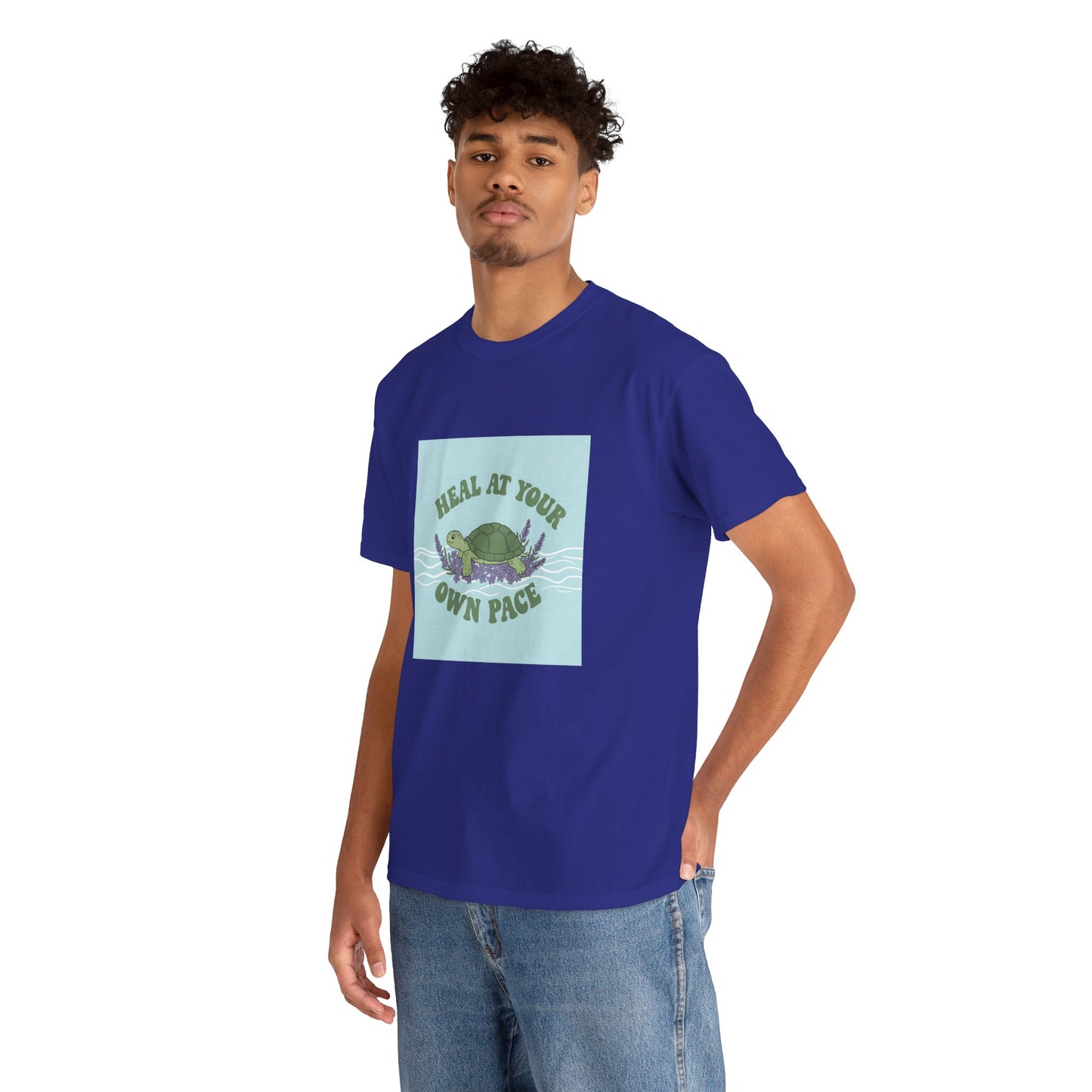 Heal at Your Own Pace Unisex Heavy Cotton Tee - Inspirational Turtle Graphic Tee for Relaxation