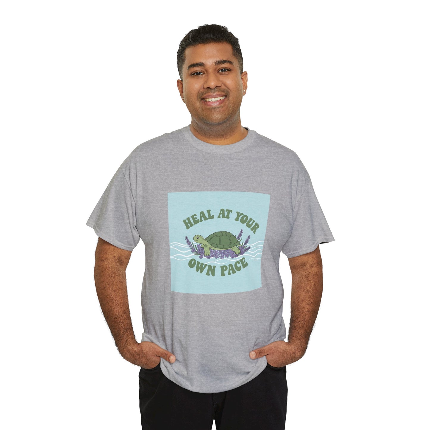 Heal at Your Own Pace Unisex Heavy Cotton Tee - Inspirational Turtle Graphic Tee for Relaxation