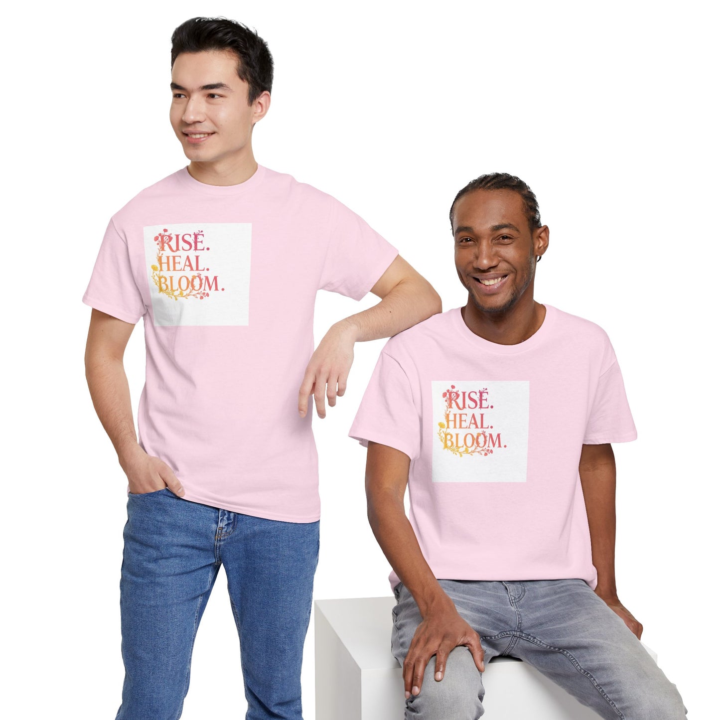 Rise Heal Bloom Unisex Heavy Cotton Tee - Motivational Graphic T-Shirt for Self-Care and Wellness