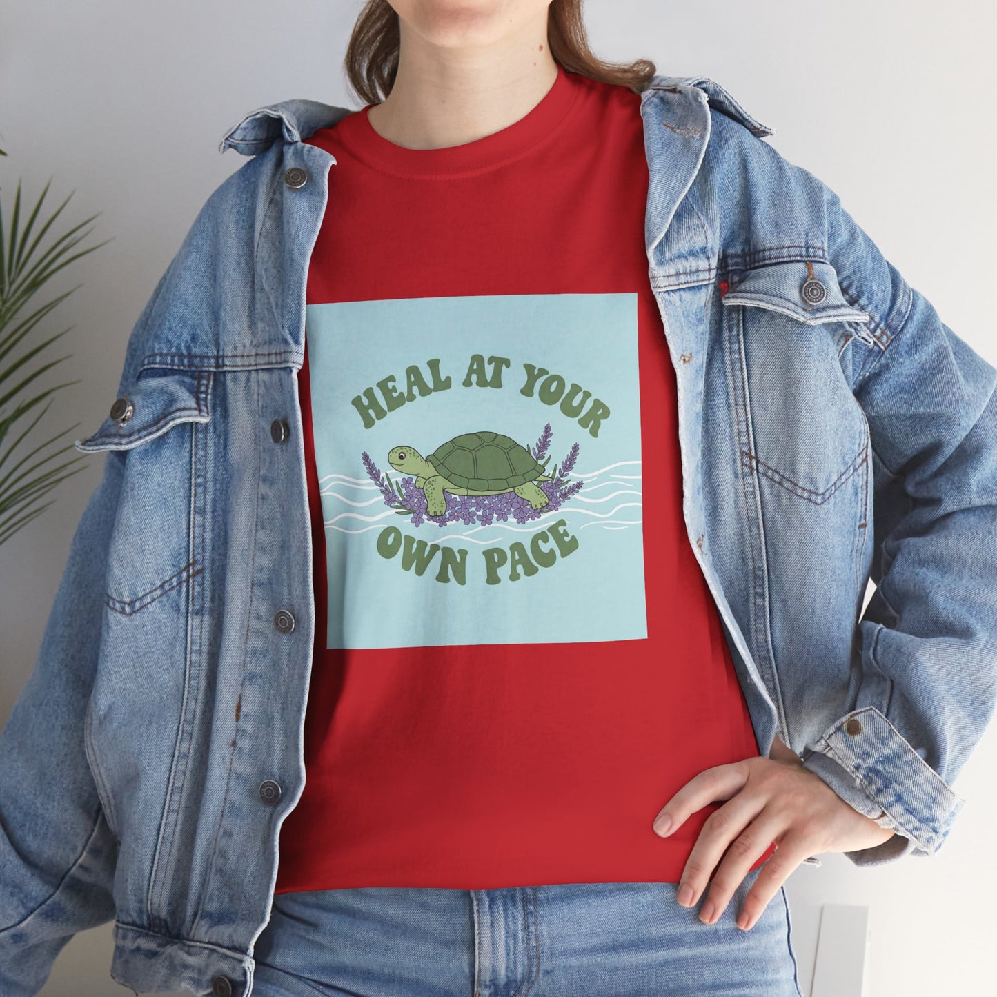 Heal at Your Own Pace Unisex Heavy Cotton Tee - Inspirational Turtle Graphic Tee for Relaxation