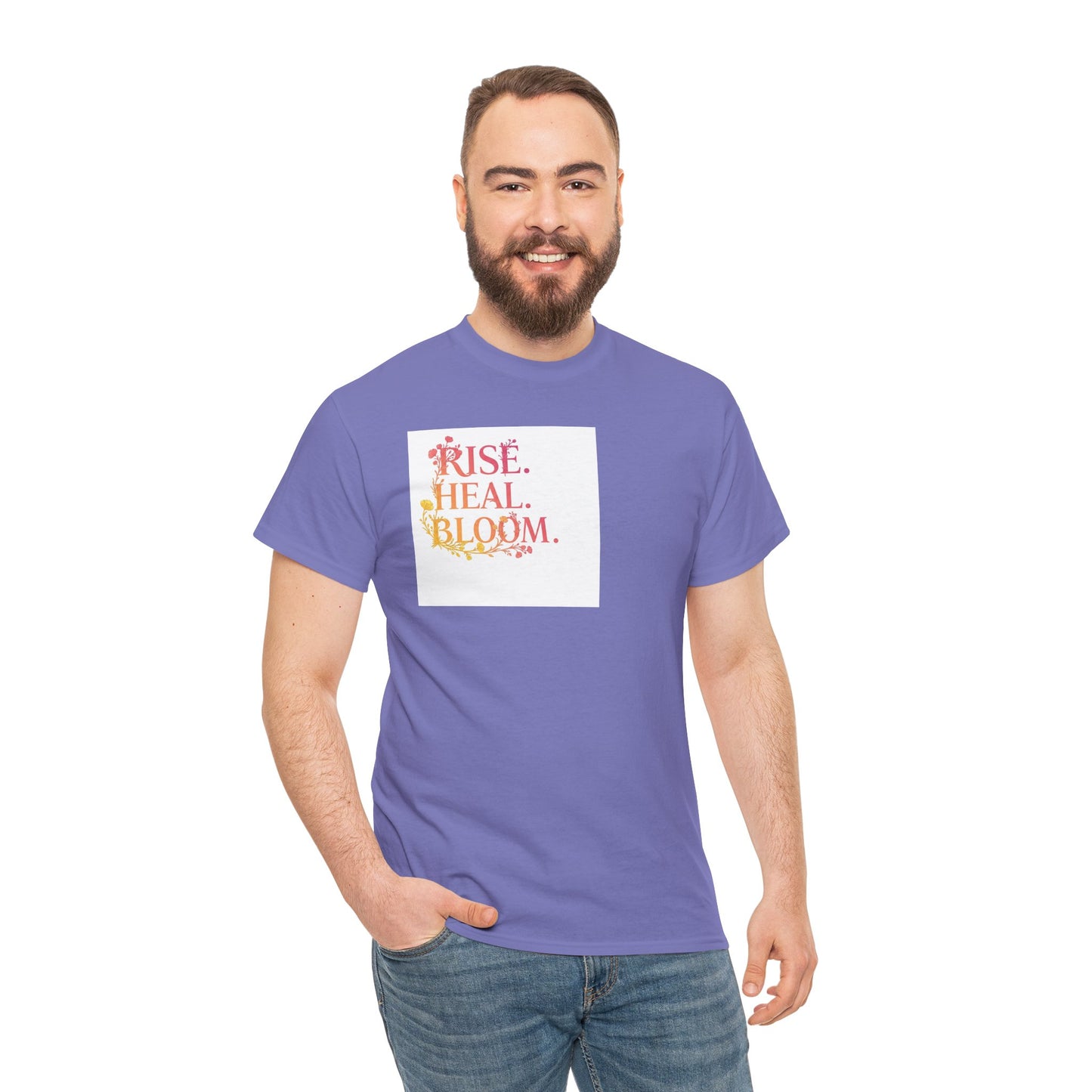 Rise Heal Bloom Unisex Heavy Cotton Tee - Motivational Graphic T-Shirt for Self-Care and Wellness