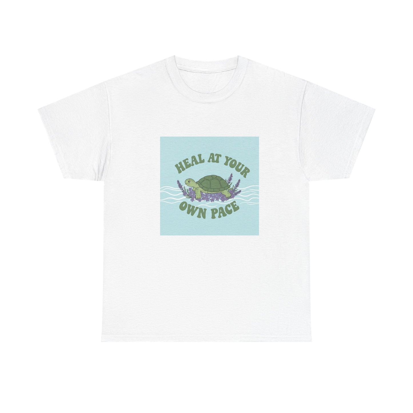 Heal at Your Own Pace Unisex Heavy Cotton Tee - Inspirational Turtle Graphic Tee for Relaxation