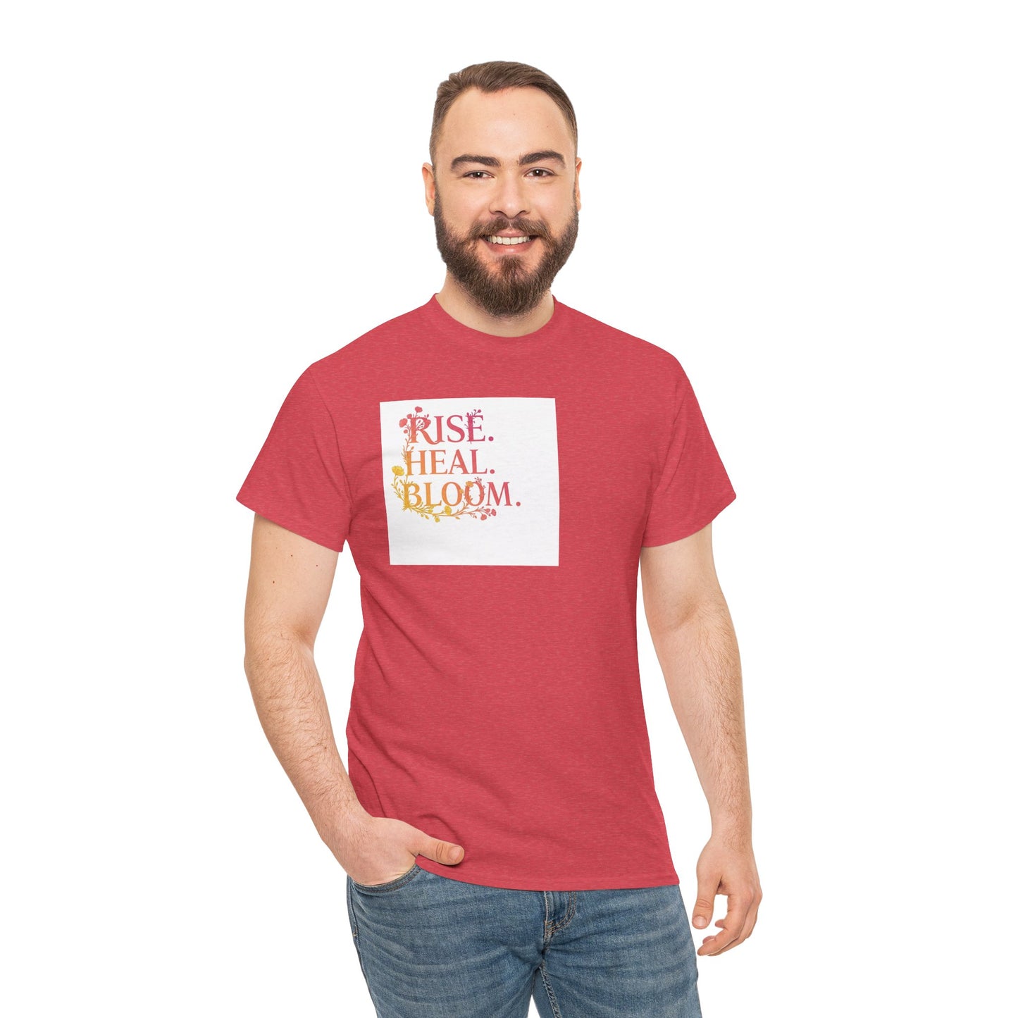 Rise Heal Bloom Unisex Heavy Cotton Tee - Motivational Graphic T-Shirt for Self-Care and Wellness