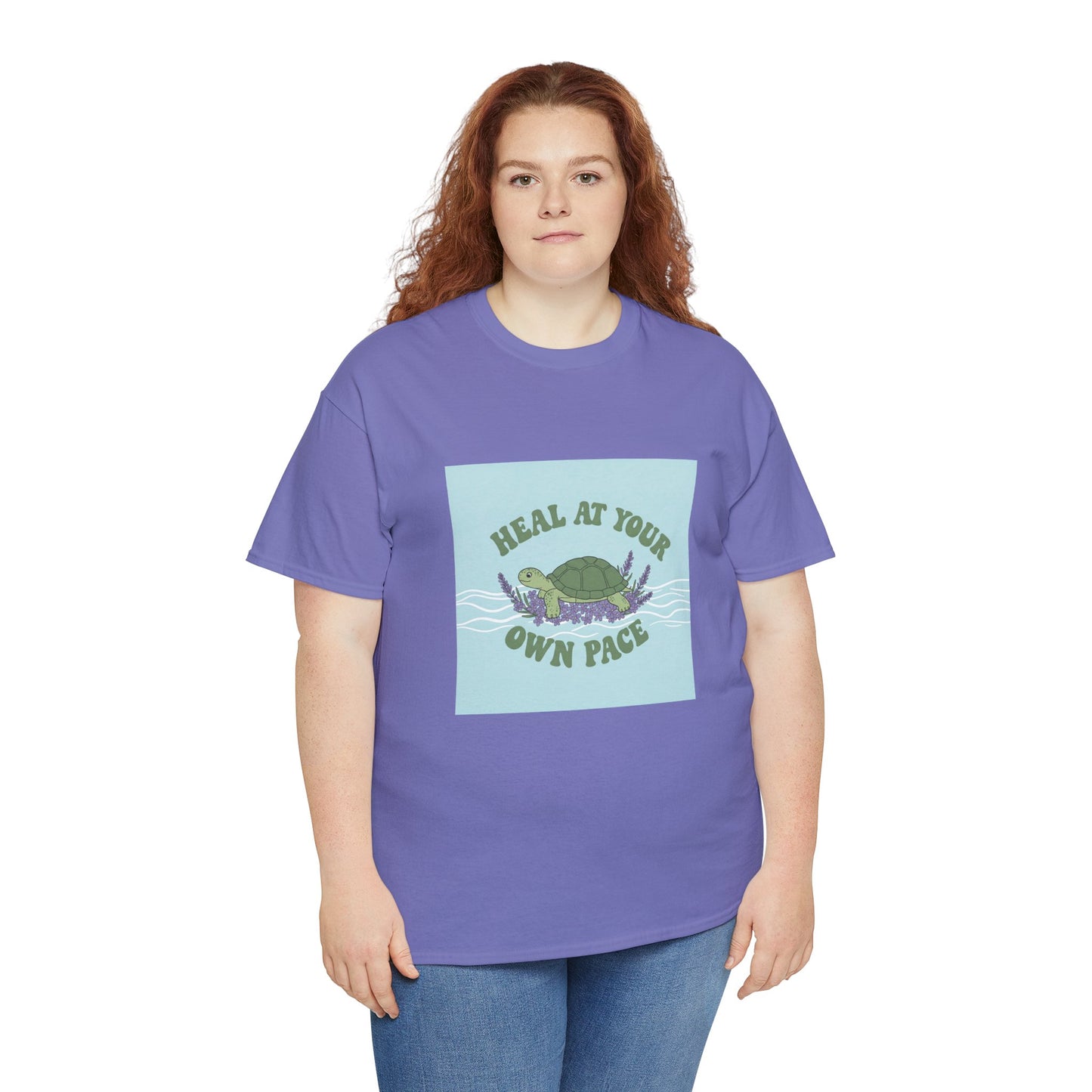 Heal at Your Own Pace Unisex Heavy Cotton Tee - Inspirational Turtle Graphic Tee for Relaxation