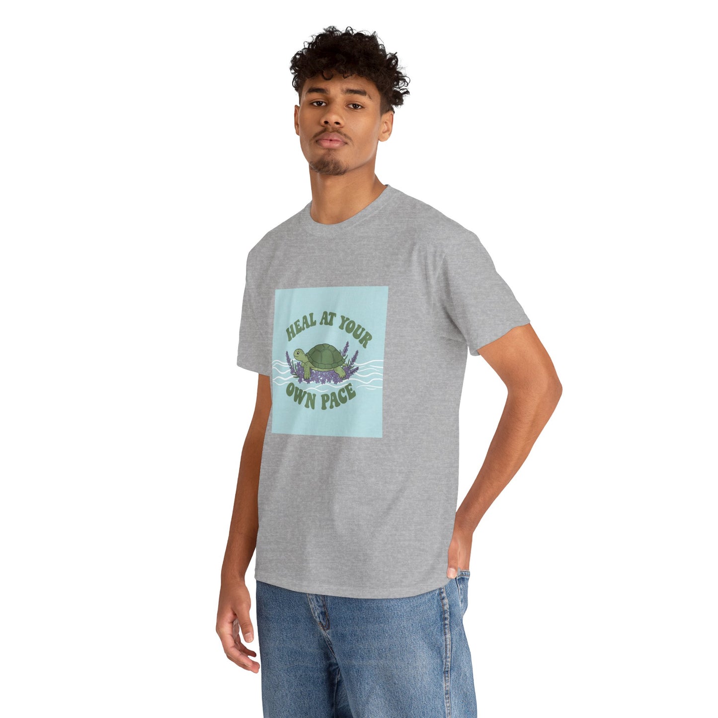 Heal at Your Own Pace Unisex Heavy Cotton Tee - Inspirational Turtle Graphic Tee for Relaxation