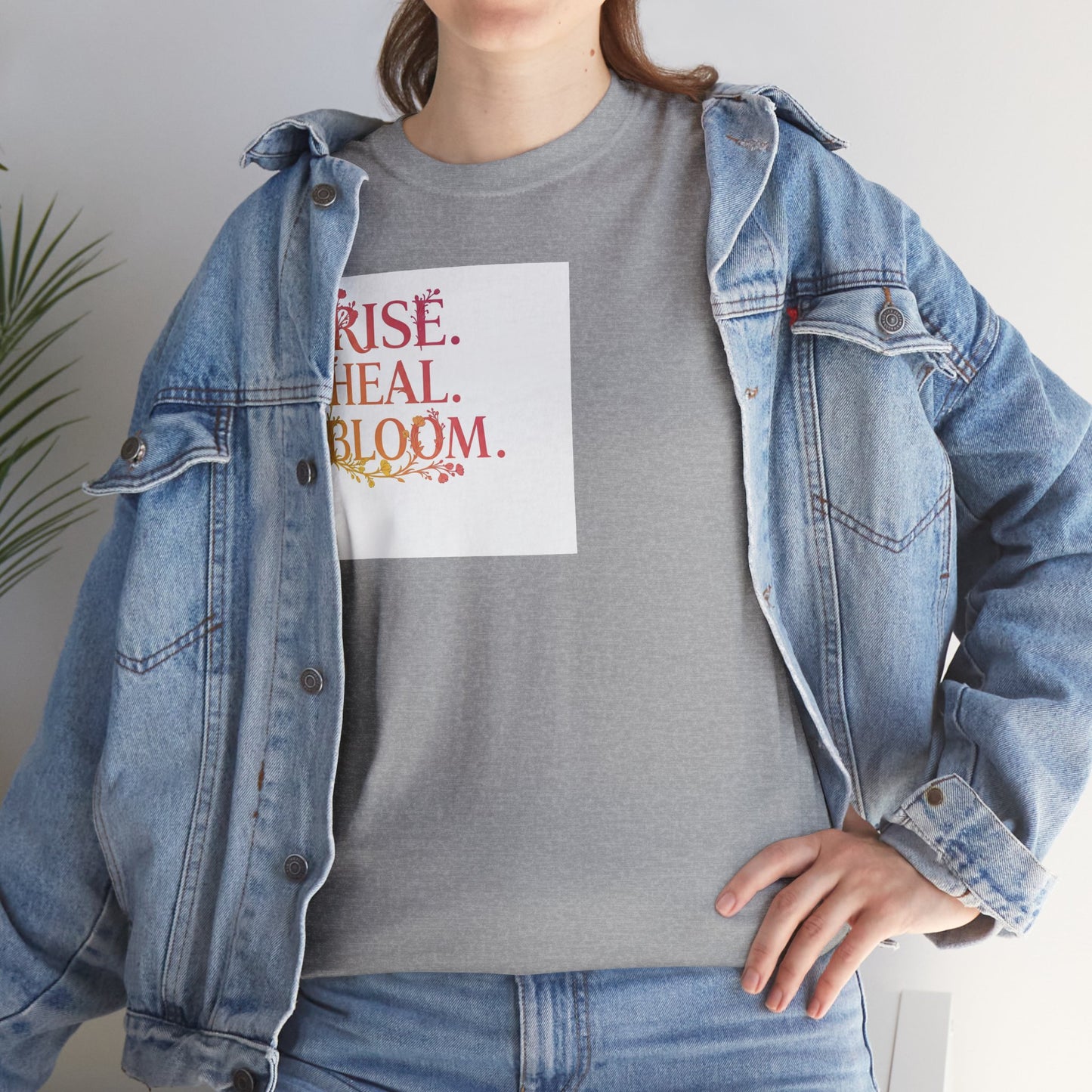 Rise Heal Bloom Unisex Heavy Cotton Tee - Motivational Graphic T-Shirt for Self-Care and Wellness